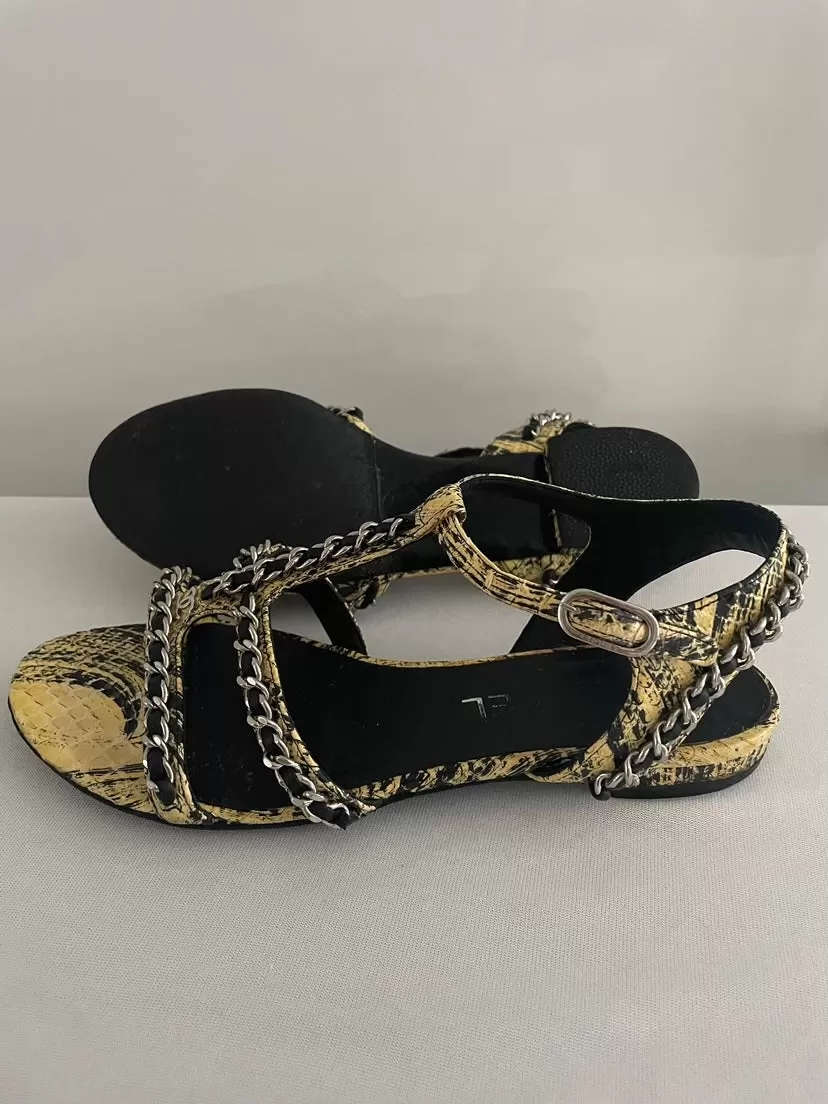 Chanel Yellow Python CC Logo Chain Detail Flat Sandals