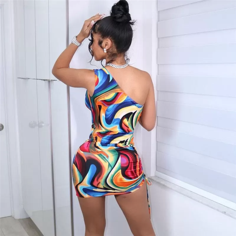 Colorful Printed Drawstring Mini Dress