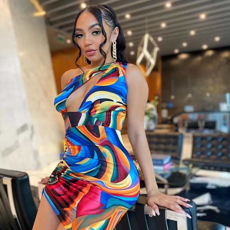 Colorful Printed Drawstring Mini Dress