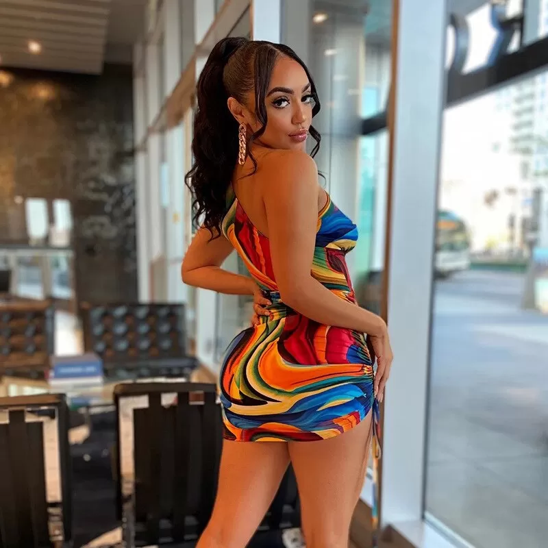 Colorful Printed Drawstring Mini Dress