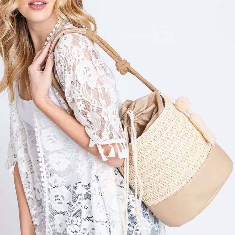 Cora Straw Ivory Bucket Bag with Tassel