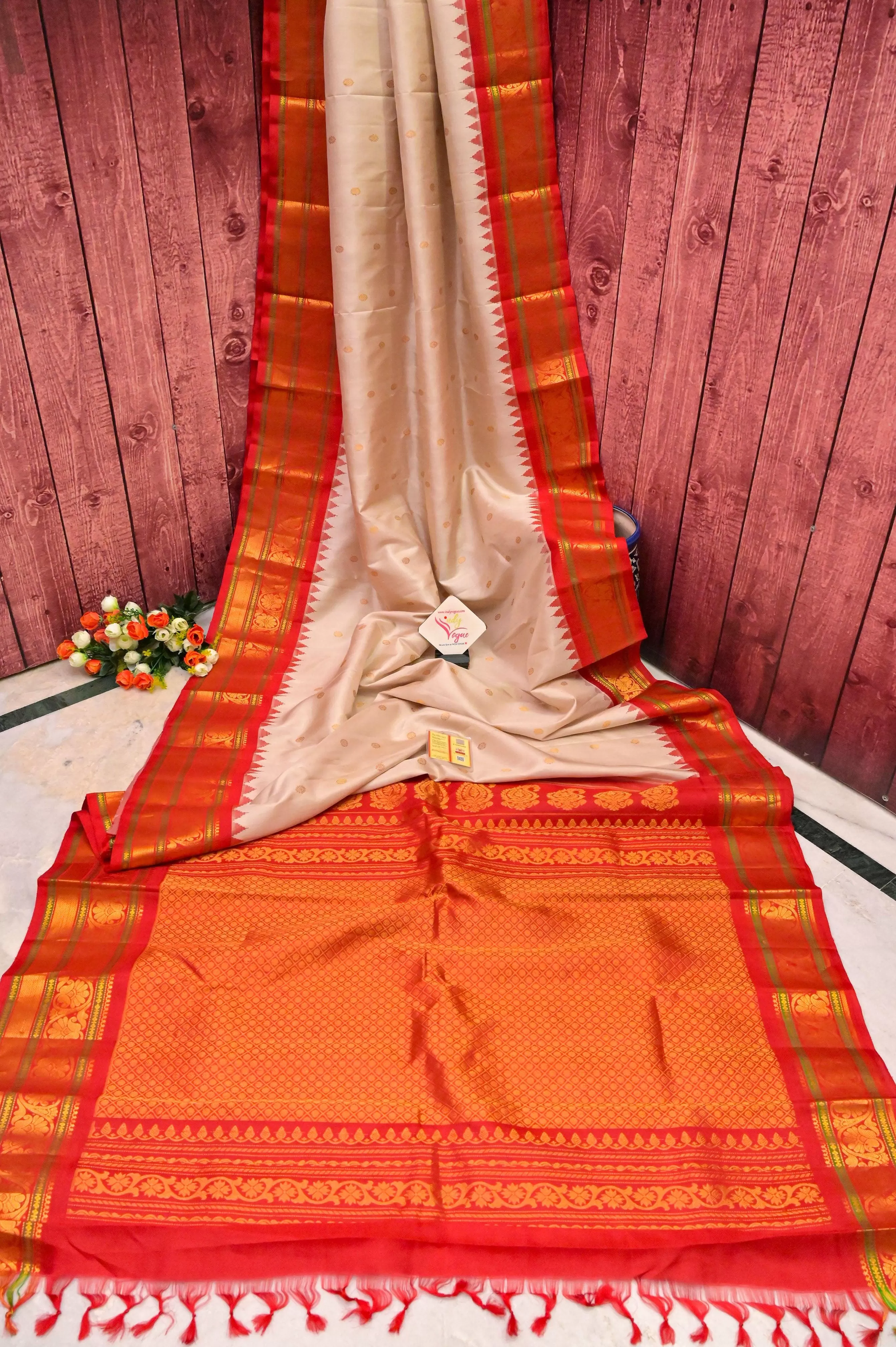 Cream Offwhite Color Pure Gadwal Silk Saree with Temple Border