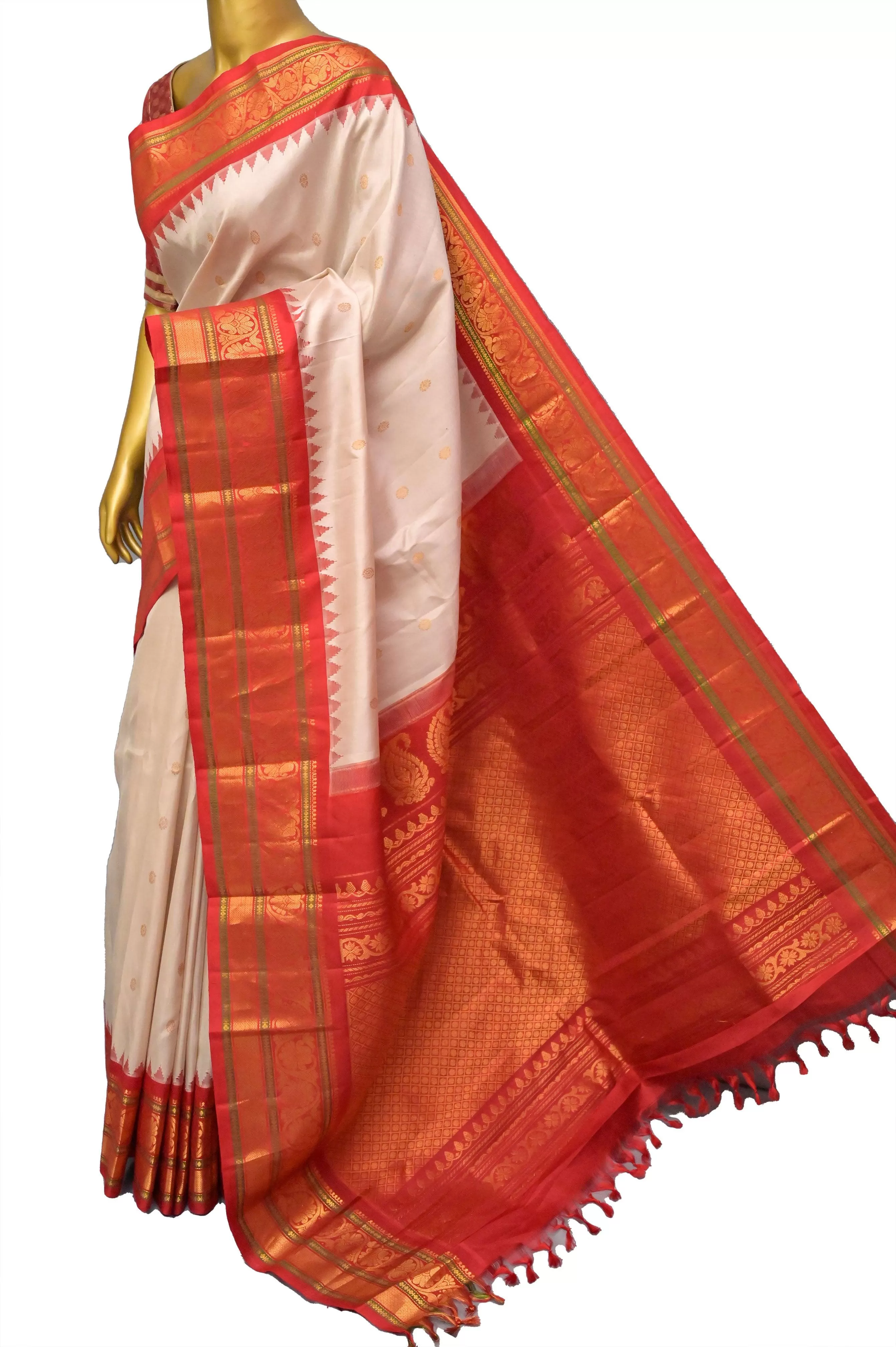 Cream Offwhite Color Pure Gadwal Silk Saree with Temple Border