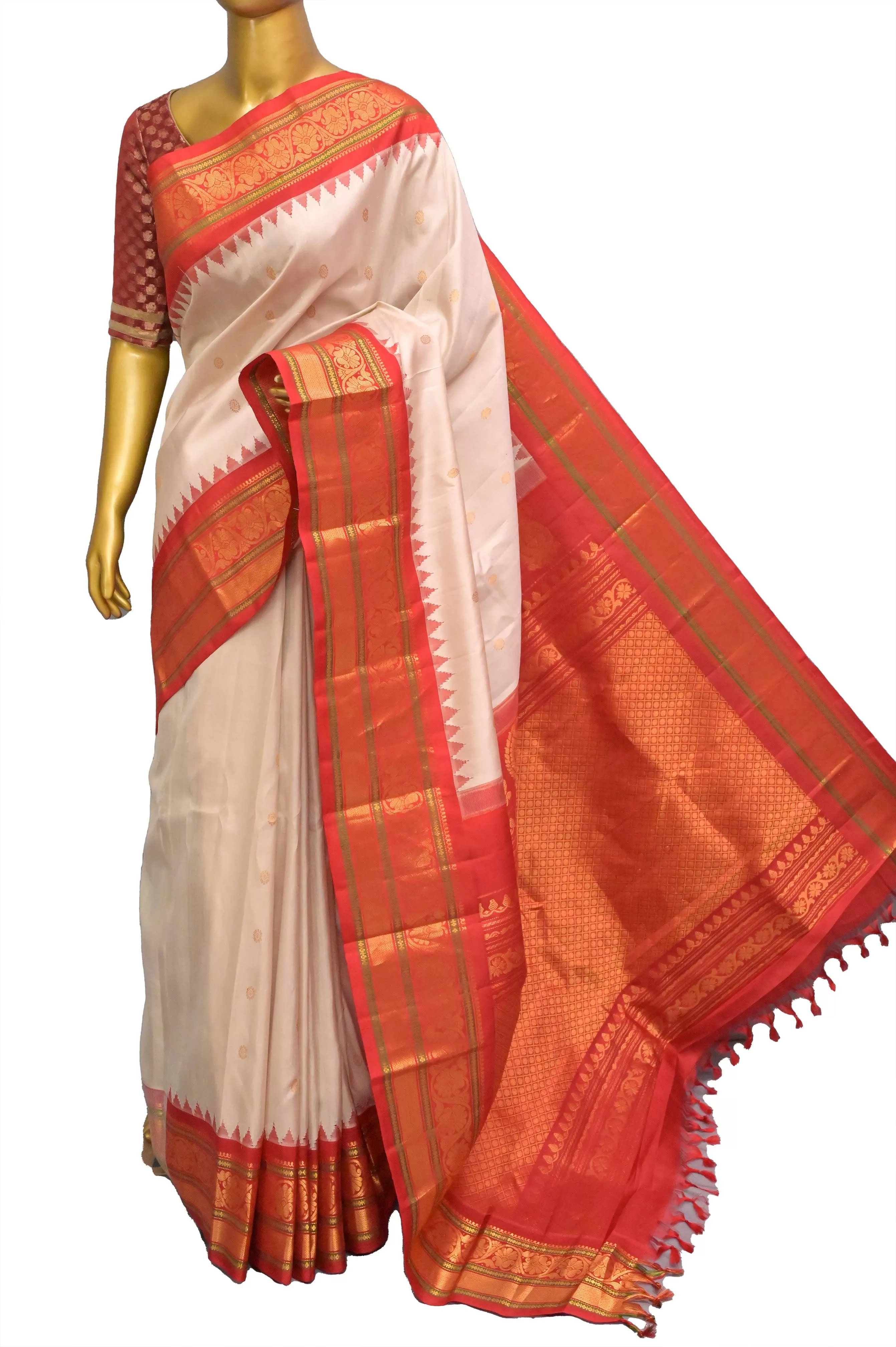 Cream Offwhite Color Pure Gadwal Silk Saree with Temple Border