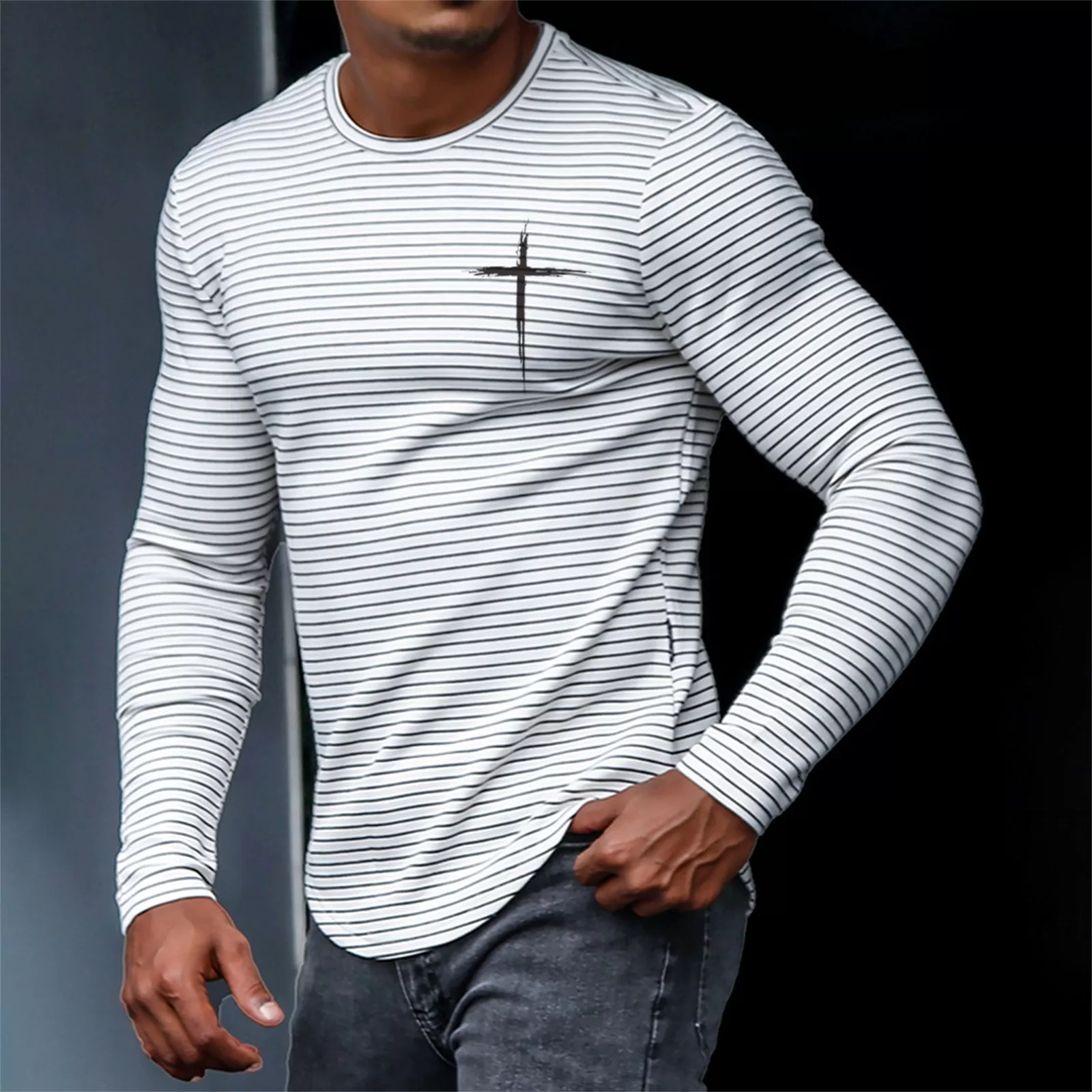 CROSS STRIPE 100% COTTON GRAPHIC LONG SLEEVE T-SHIRT