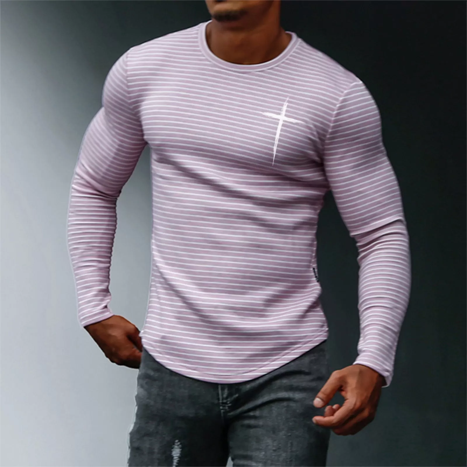 CROSS STRIPE 100% COTTON GRAPHIC LONG SLEEVE T-SHIRT