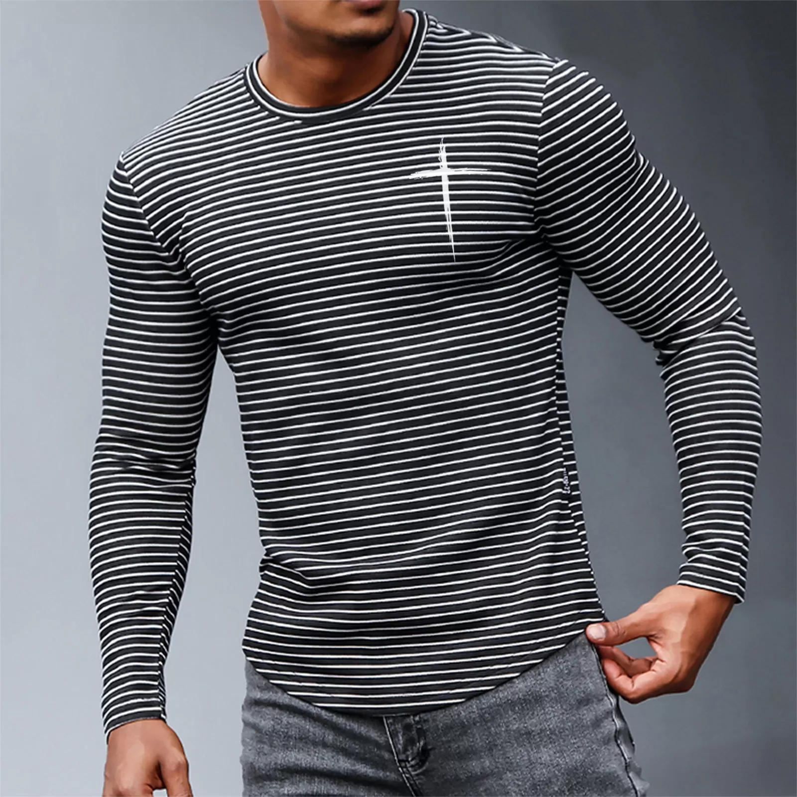 CROSS STRIPE 100% COTTON GRAPHIC LONG SLEEVE T-SHIRT