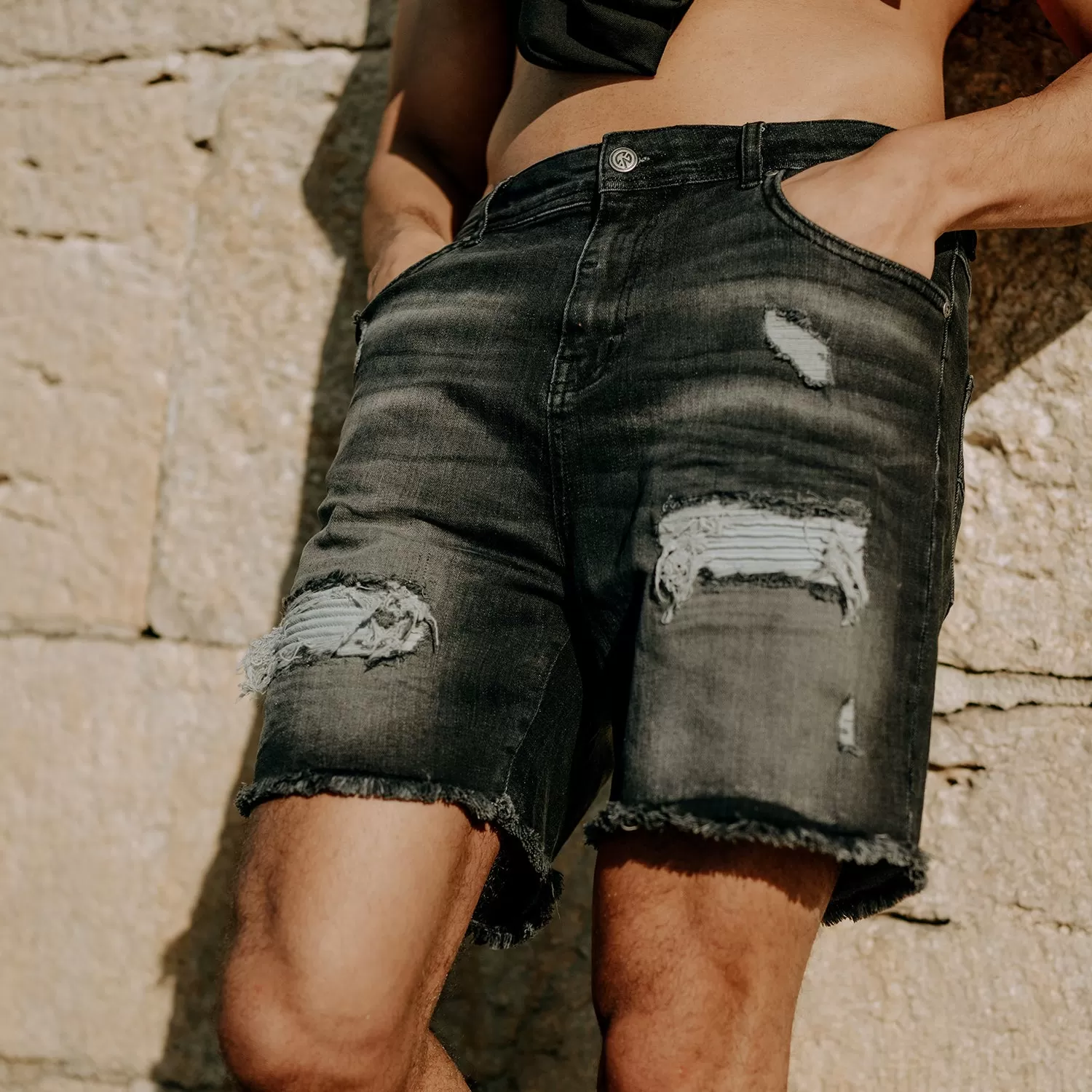 CROYEZ CH1 DISTRESSED DENIM SHORT - BLACK/BLUE SURF