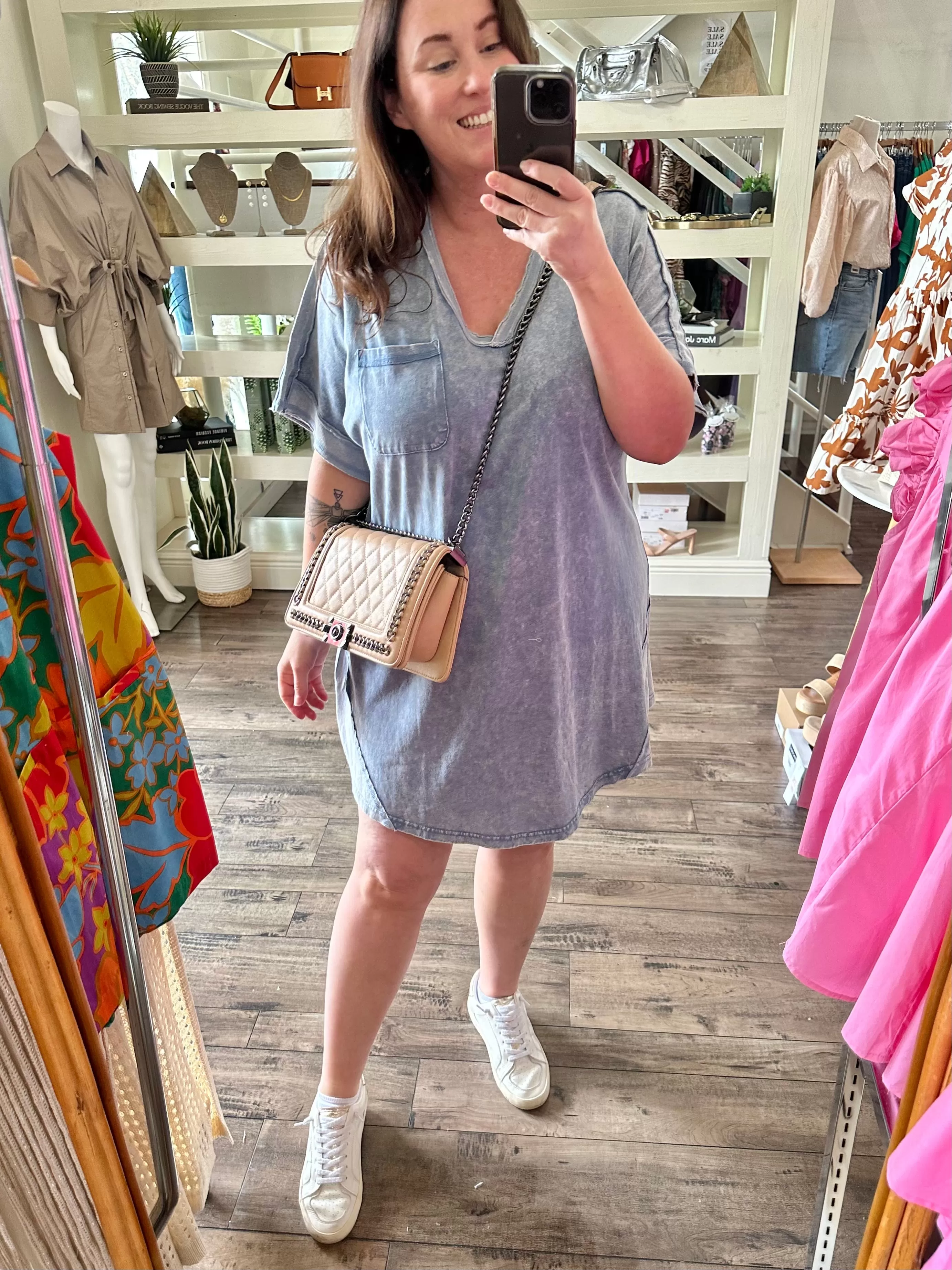 Curvy Acid Wash V-Neck Shirt Dress