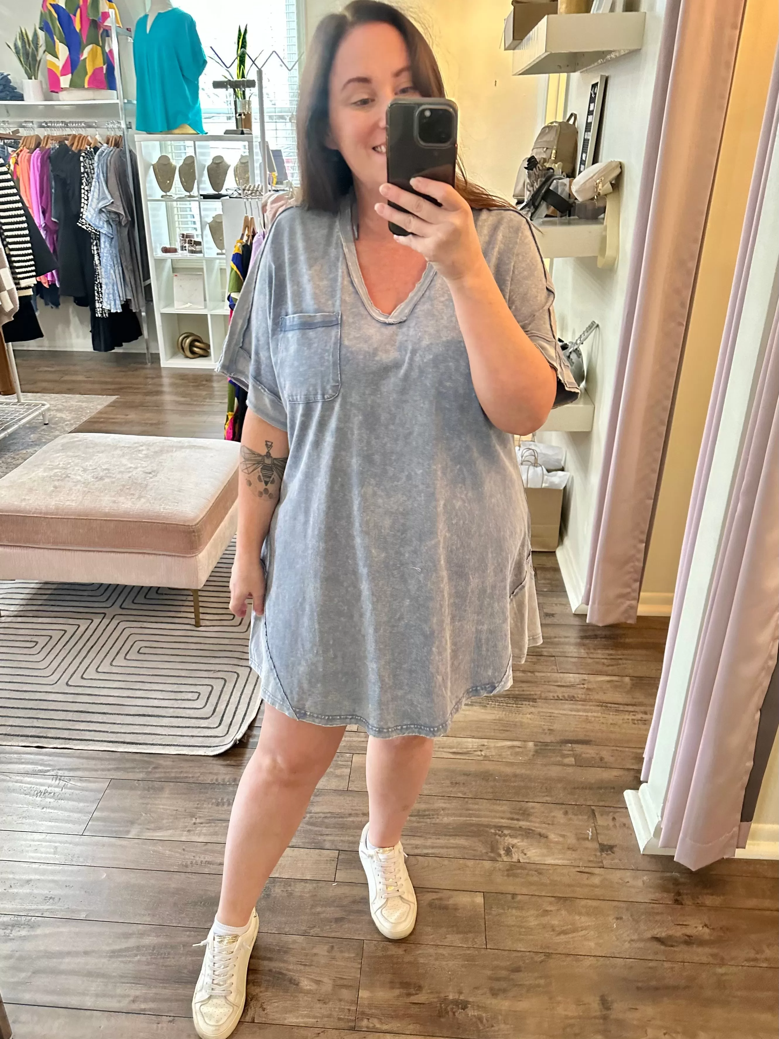 Curvy Acid Wash V-Neck Shirt Dress