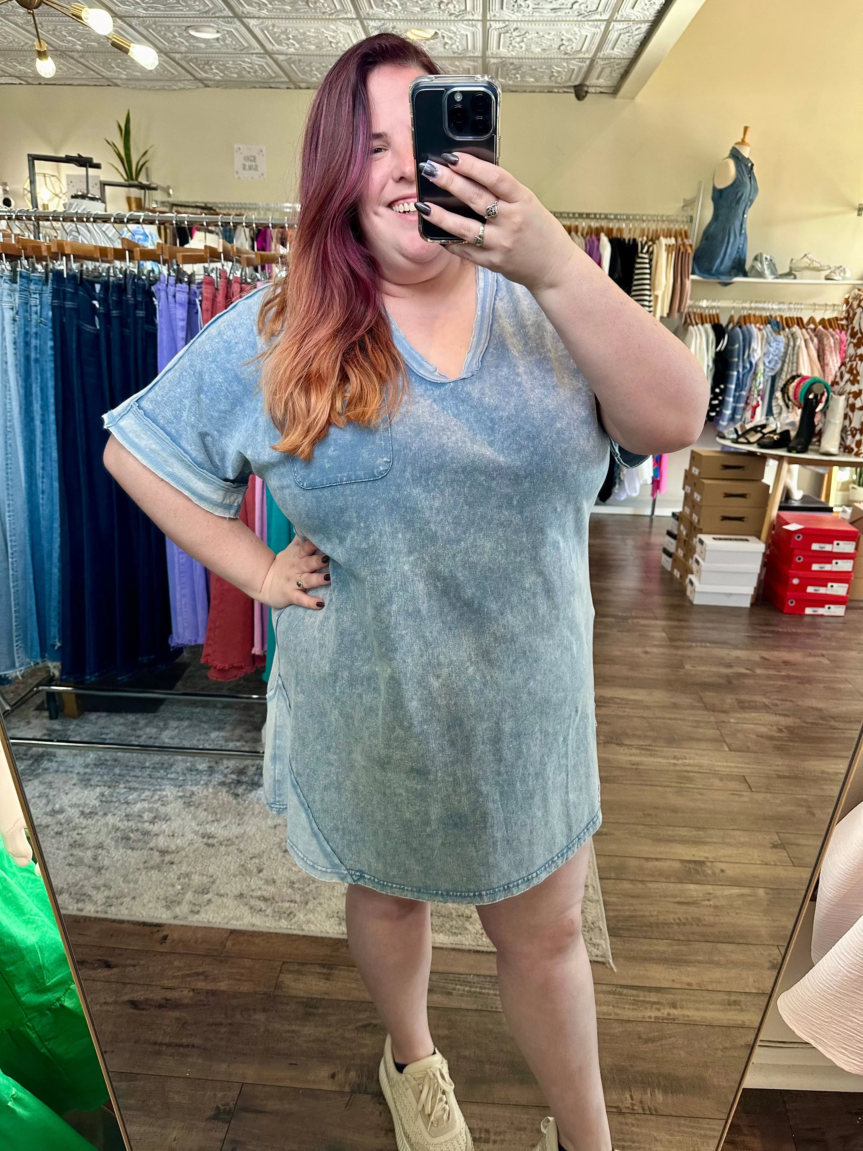 Curvy Acid Wash V-Neck Shirt Dress