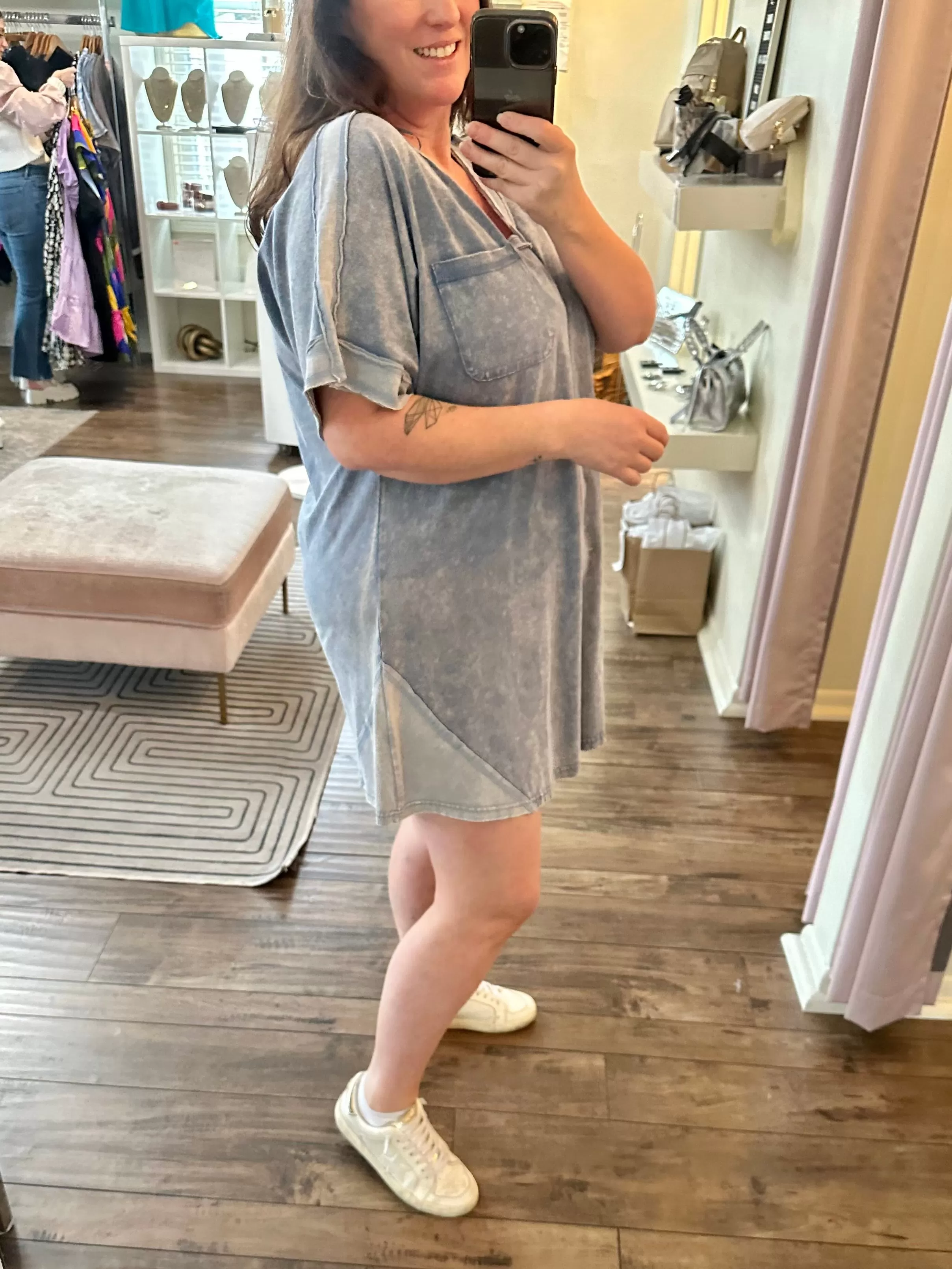 Curvy Acid Wash V-Neck Shirt Dress