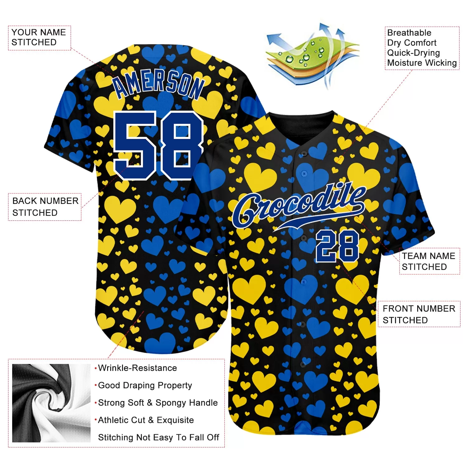 Custom 3D Pattern Design Hearts Painted In The Colors Of The Ukrainian Flag Authentic Baseball Jersey