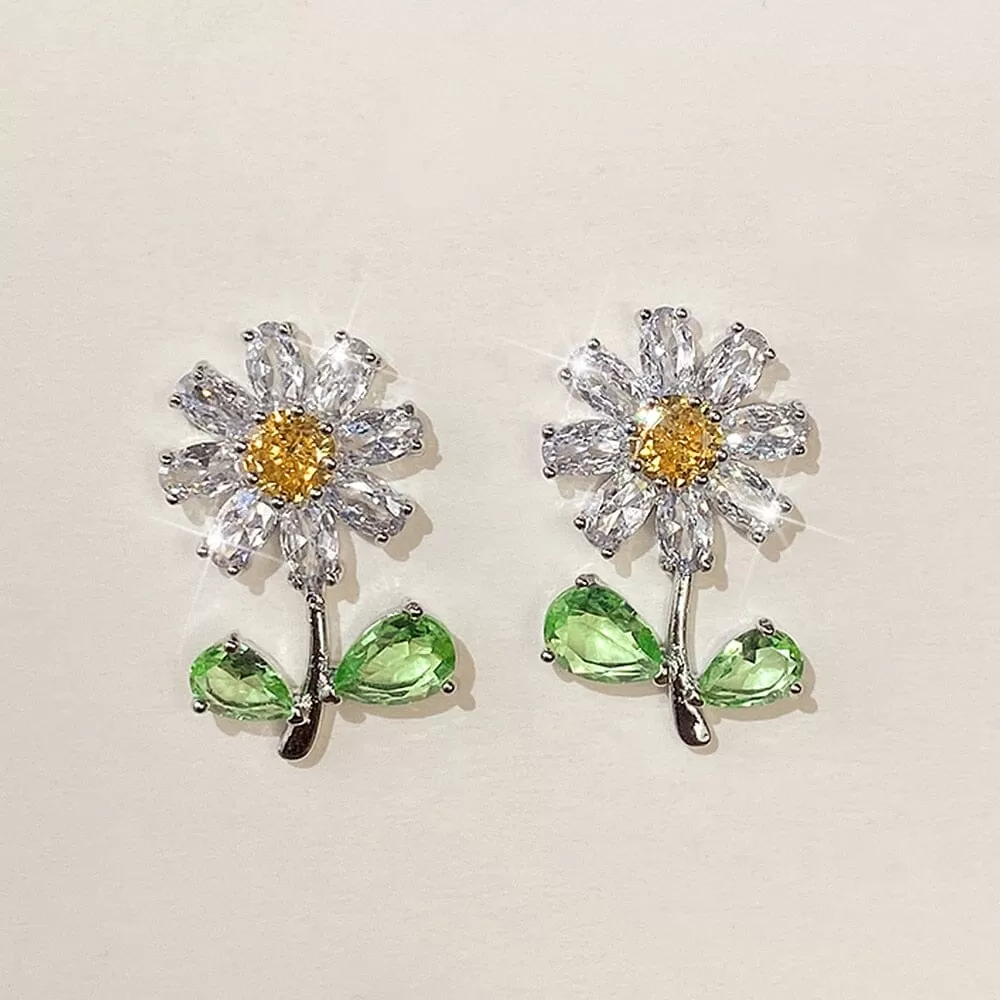 Daisy with Green Leaf Flower Diamond Earrings