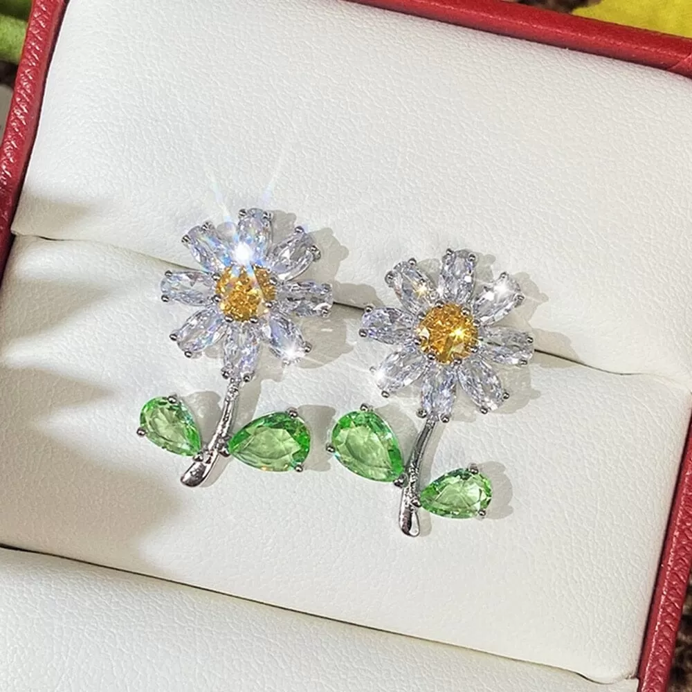 Daisy with Green Leaf Flower Diamond Earrings