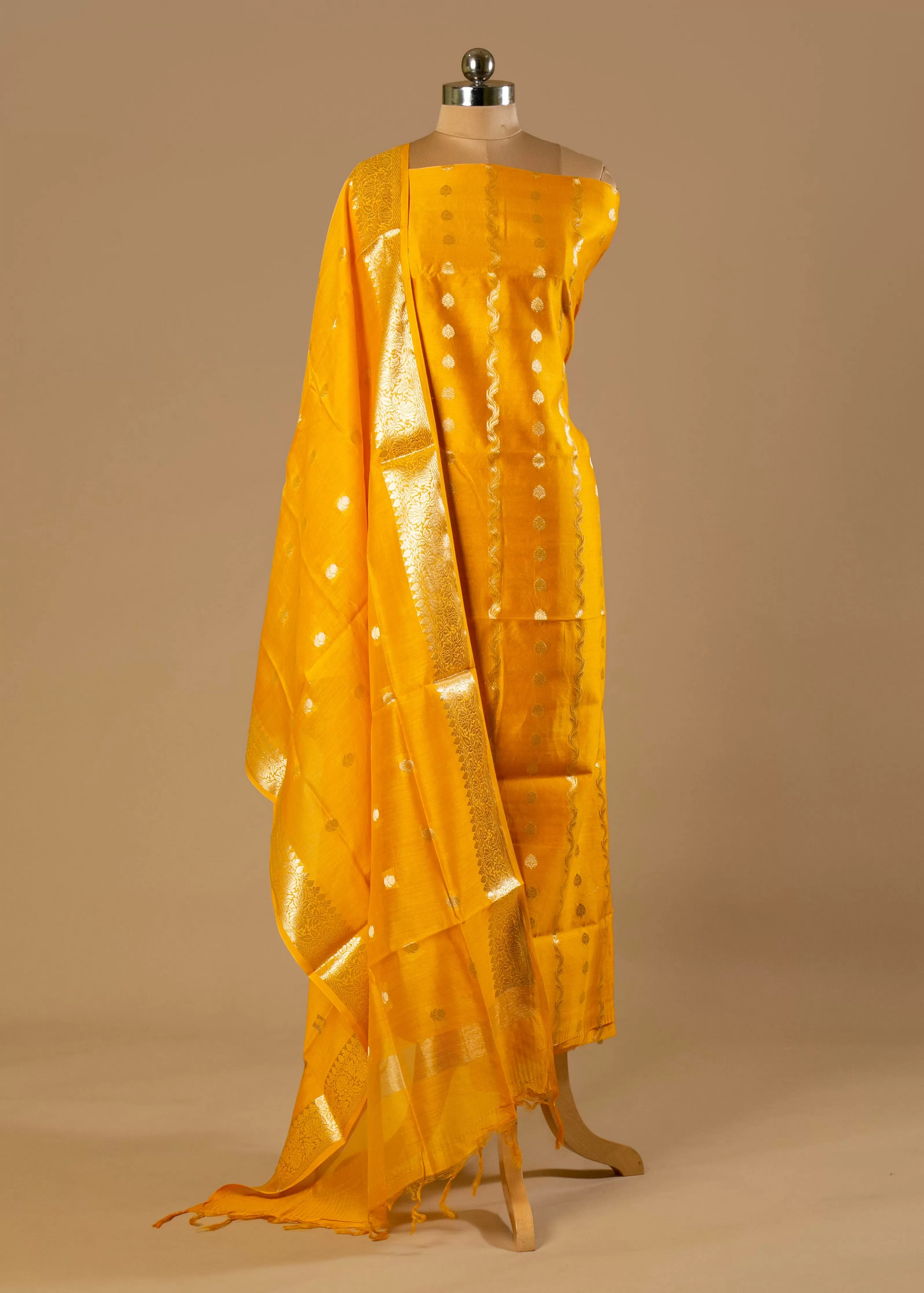 Dazzling Deep Yellow Zari Woven Silk Suit with Banarasi Organza Dupatta