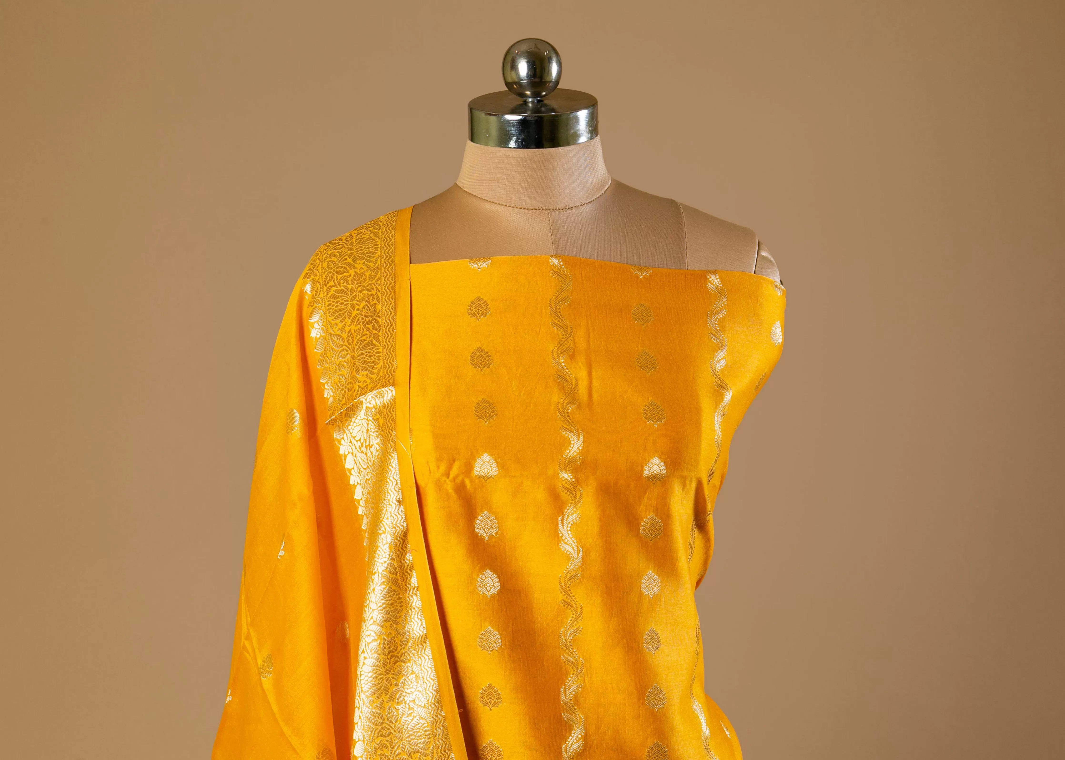 Dazzling Deep Yellow Zari Woven Silk Suit with Banarasi Organza Dupatta