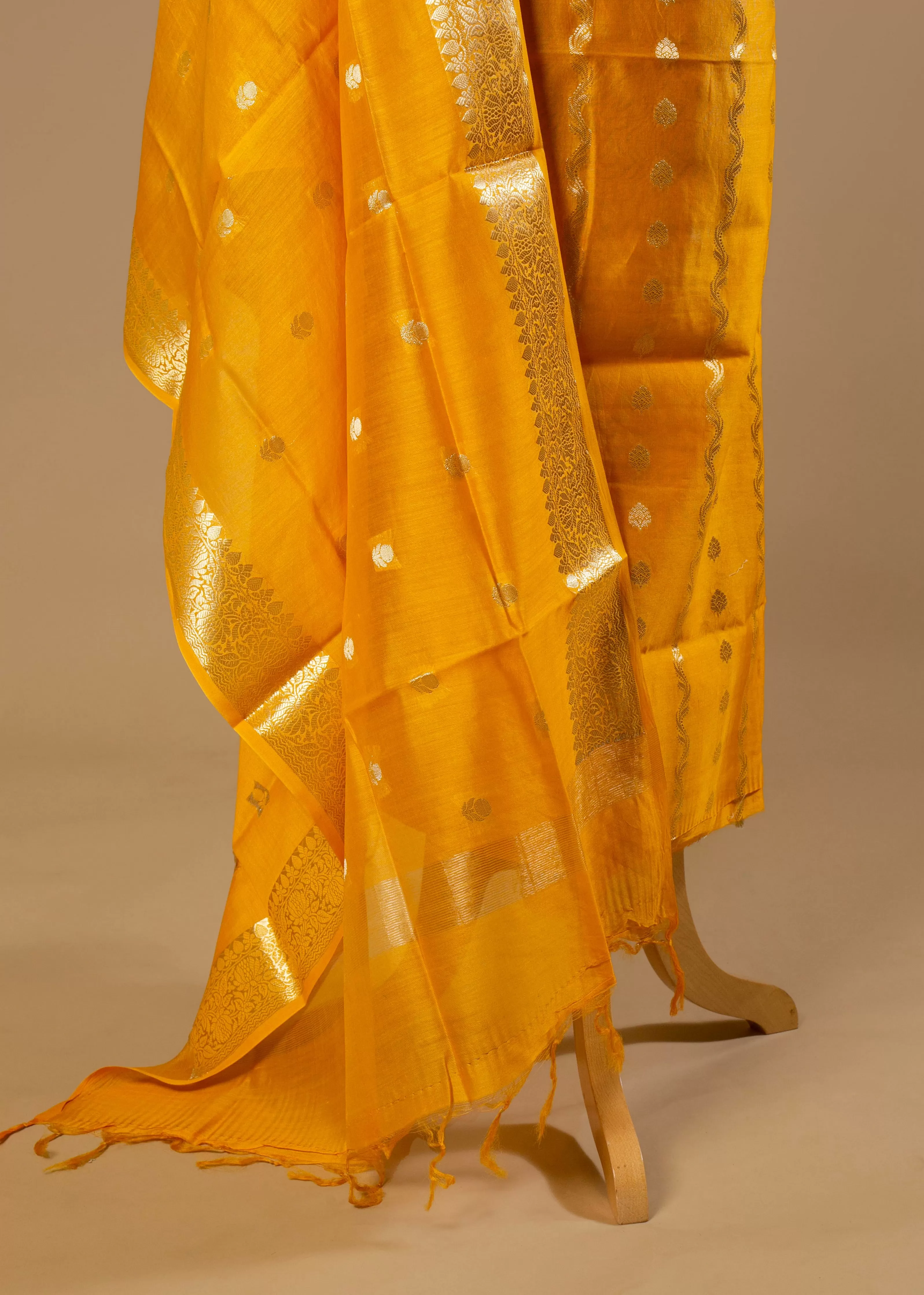 Dazzling Deep Yellow Zari Woven Silk Suit with Banarasi Organza Dupatta