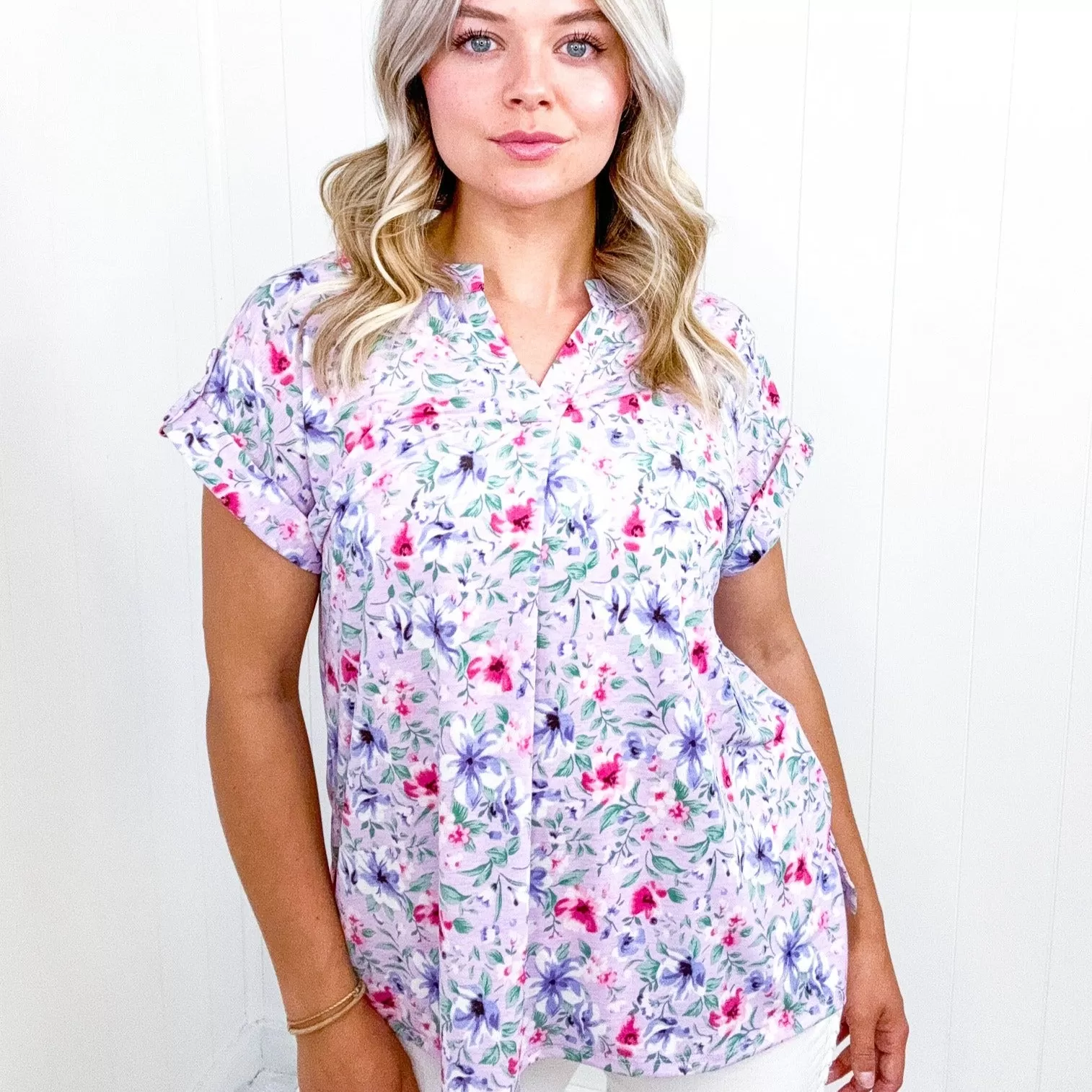 Dear Scarlett Lizzy Cap Sleeve Top in Muted Lavender and Pink Floral