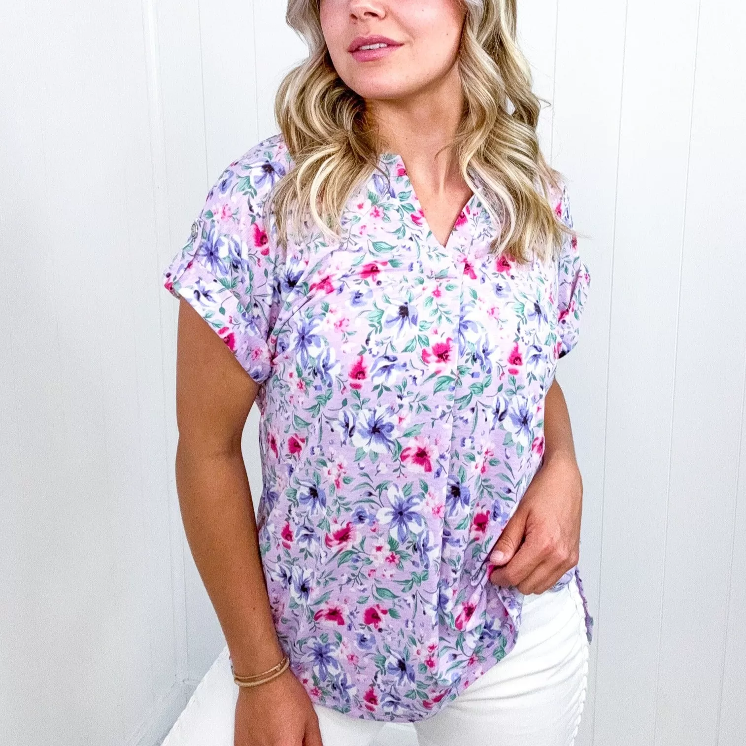 Dear Scarlett Lizzy Cap Sleeve Top in Muted Lavender and Pink Floral