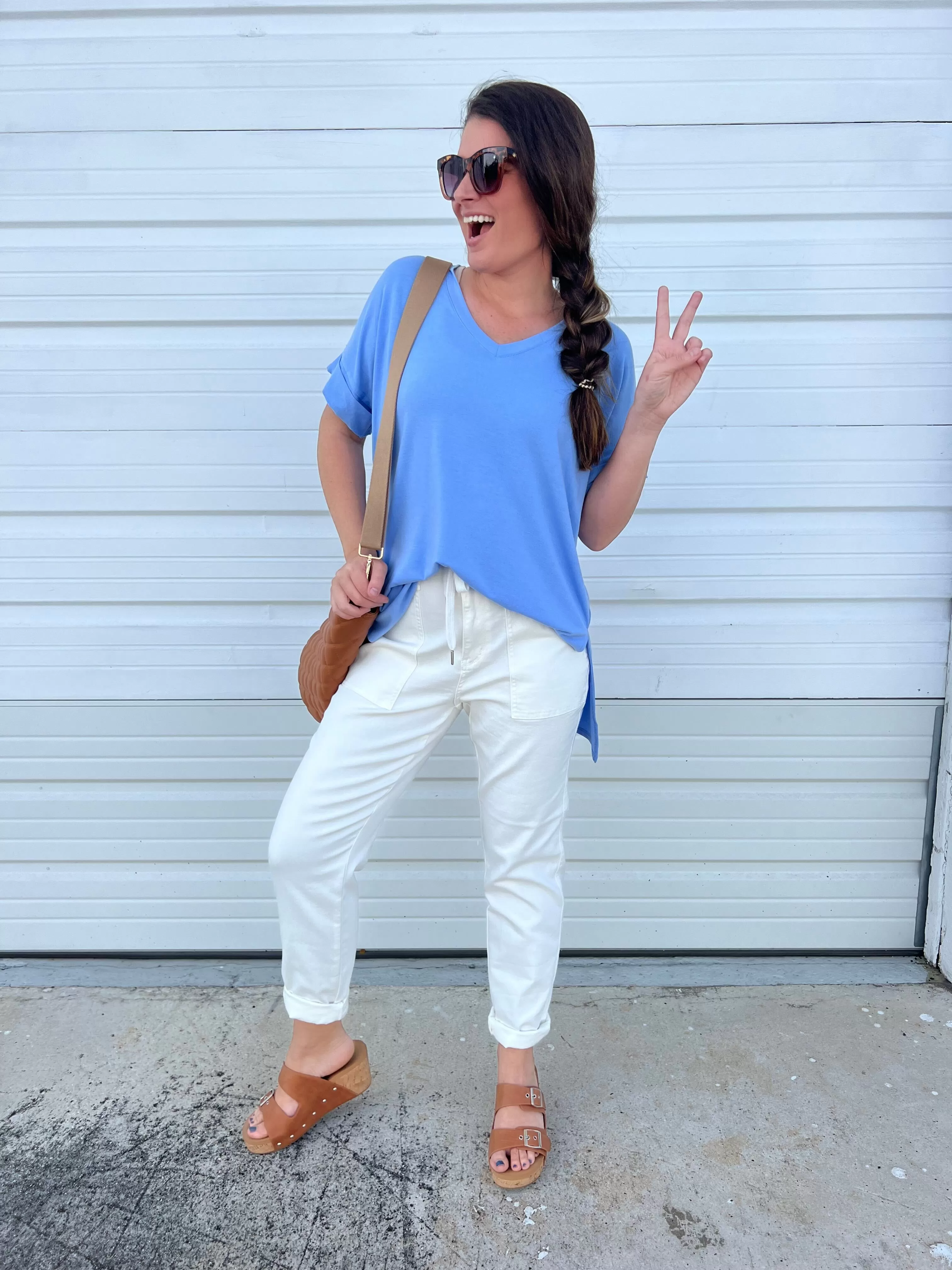 DOORBUSTER: Rolled Short Sleeve V-Neck Side Slit Tee - Spring Blue