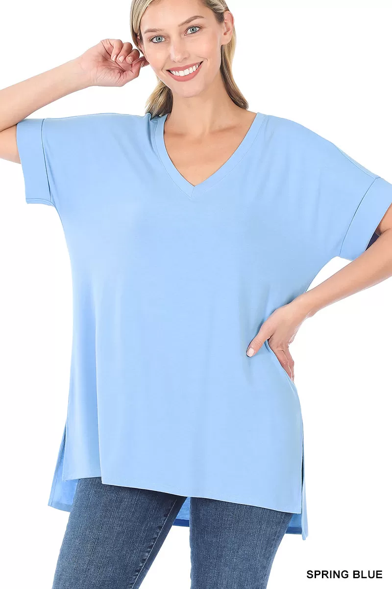 DOORBUSTER: Rolled Short Sleeve V-Neck Side Slit Tee - Spring Blue