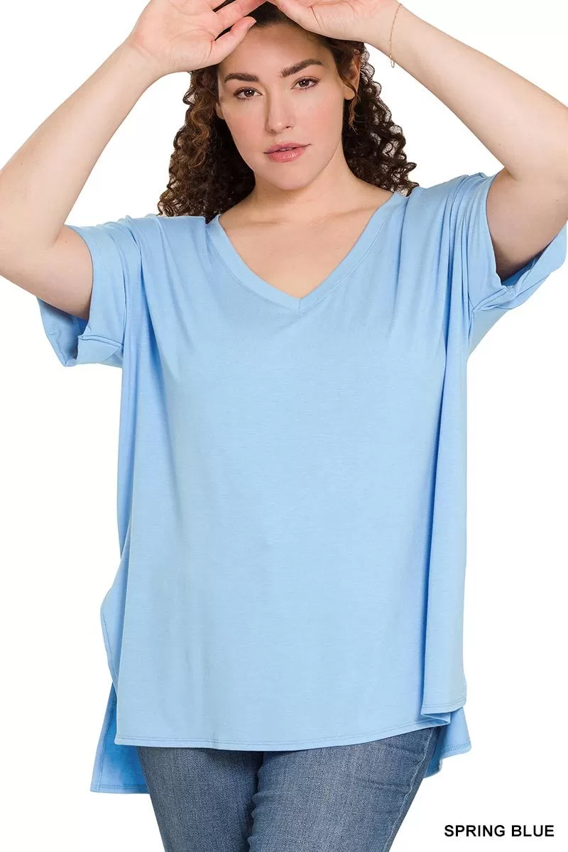 DOORBUSTER: Rolled Short Sleeve V-Neck Side Slit Tee - Spring Blue