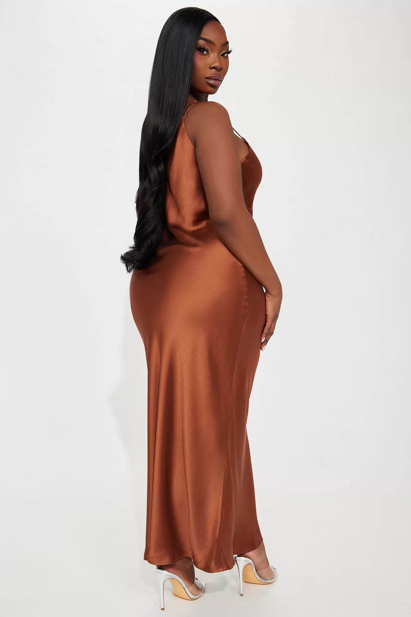 Draped in Satin Maxi Dress - Chocolate