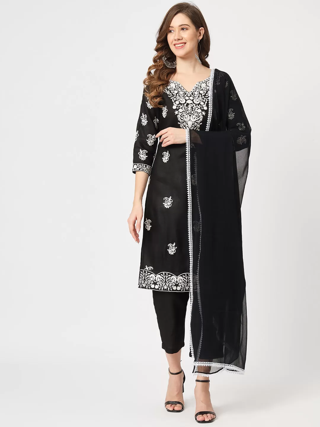 Embroidered Kurta With Matching Pants And Lace Detailed Dupatta Set