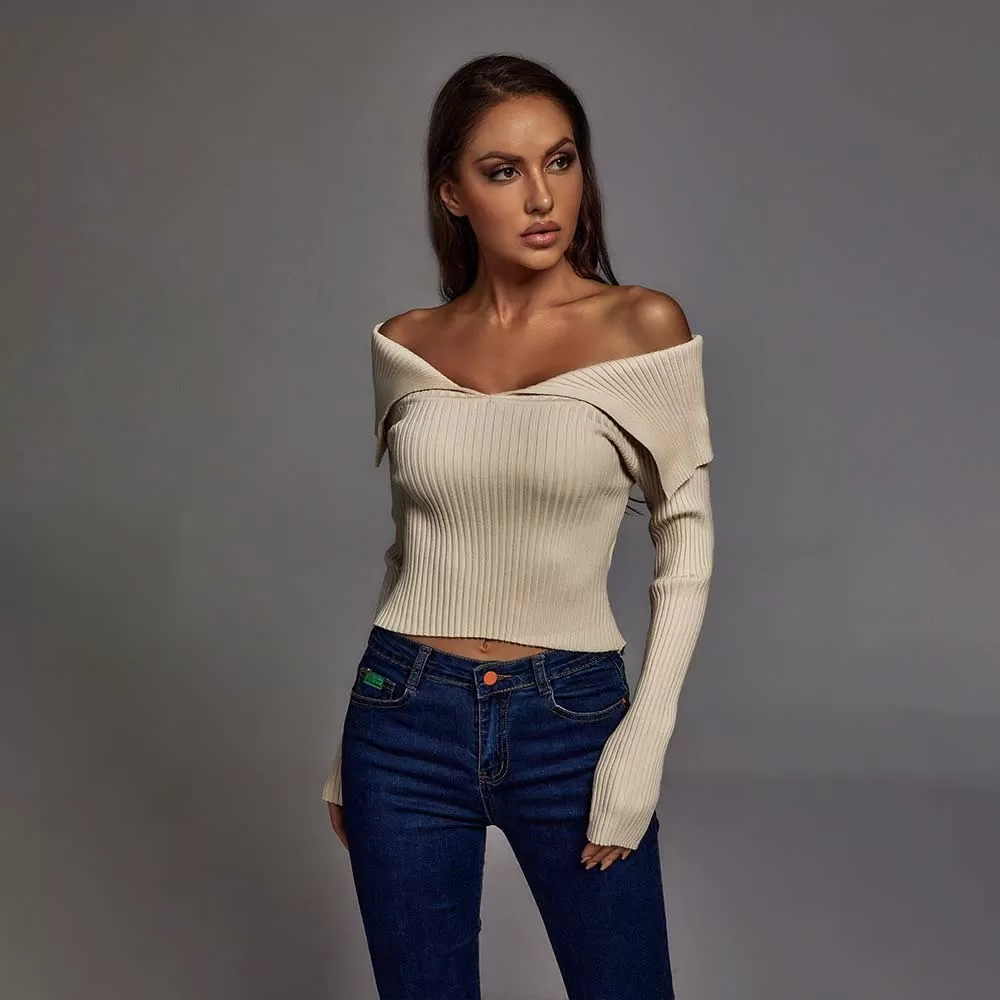 Exposed Shoulders Knitted Crop Sweater