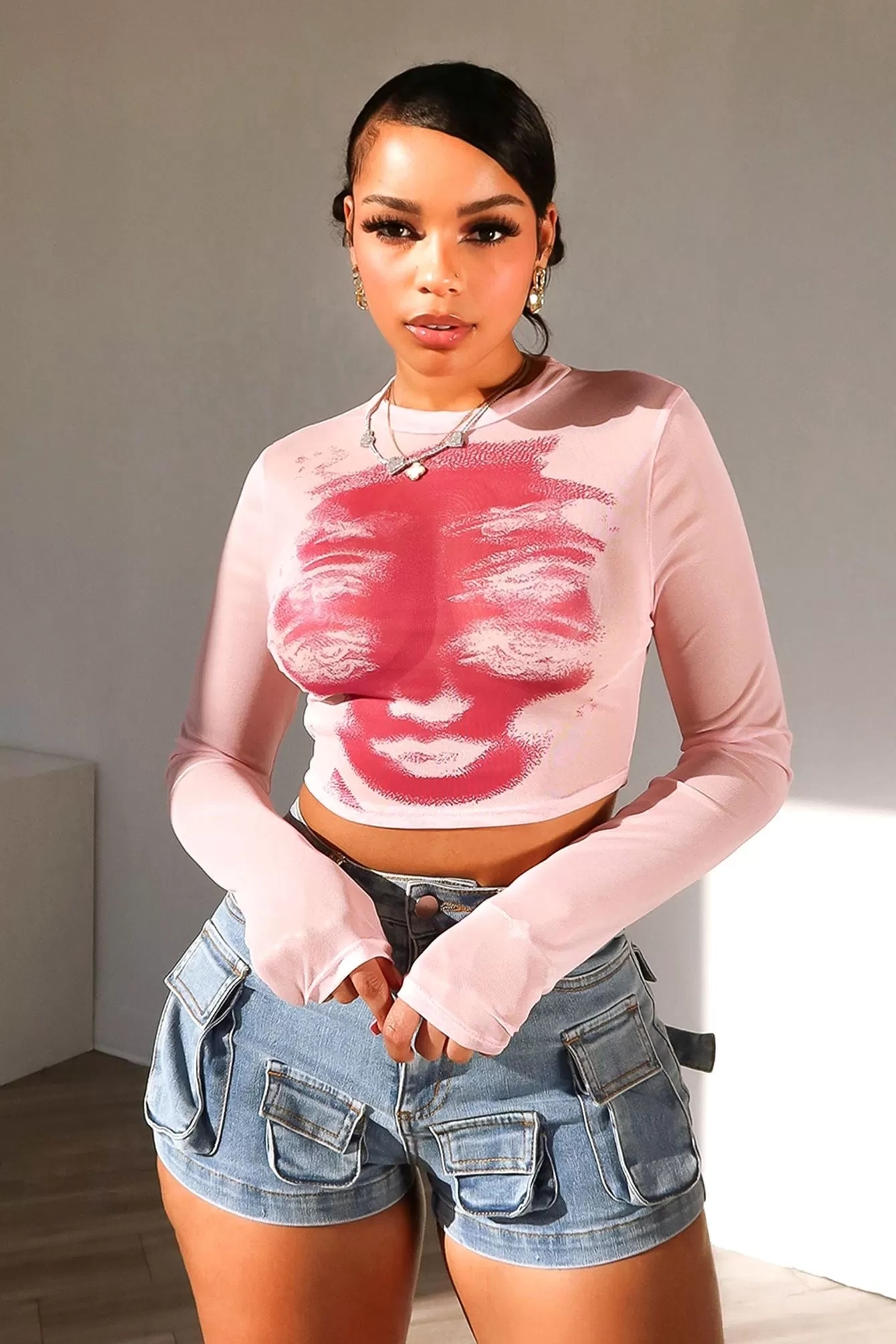 Face Me Print Mesh Crop Top