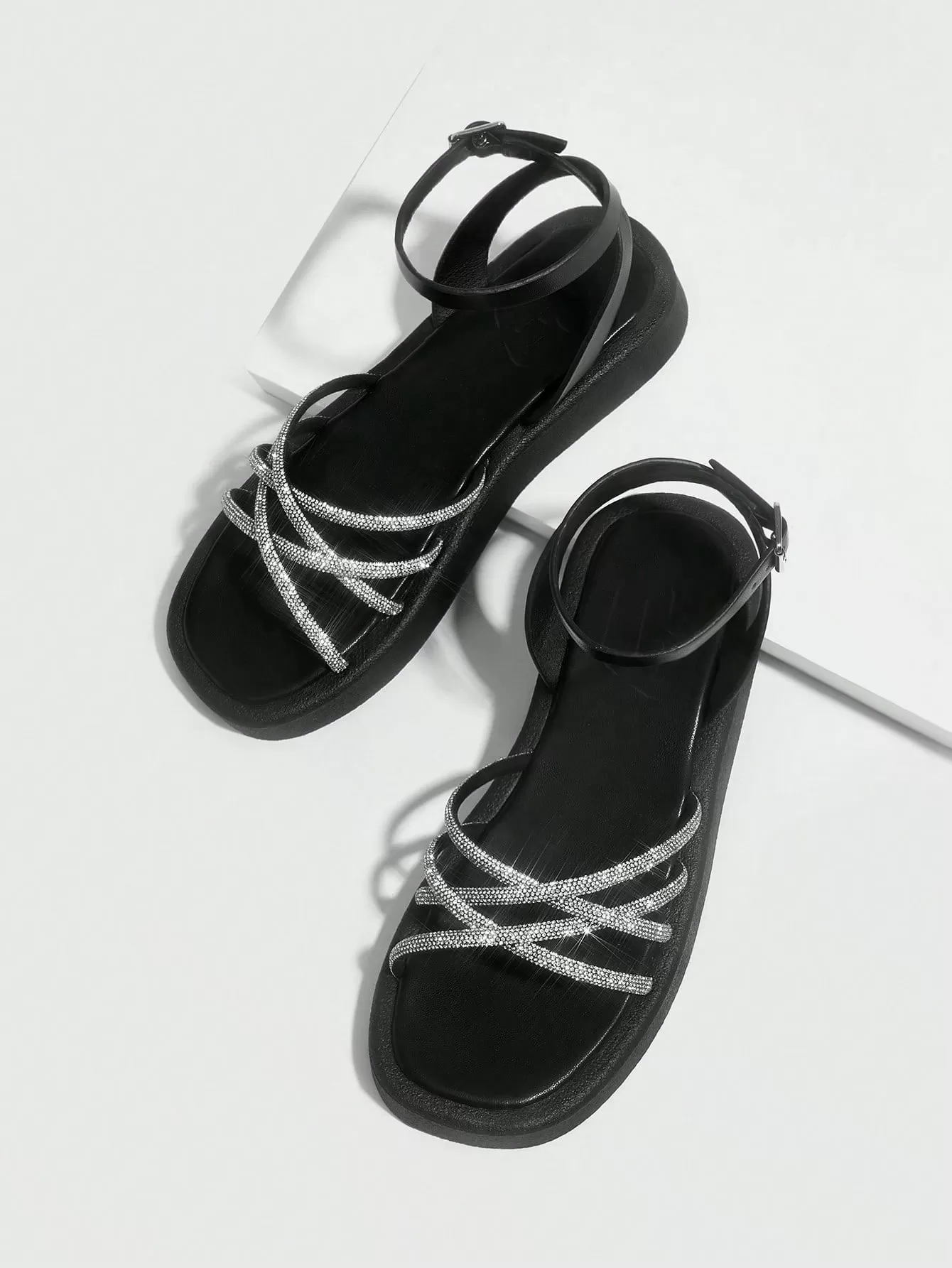 Fashionable Black Rhinestone Decor Ankle Strap Comfortable Thick Sole Flat Sandals For Women