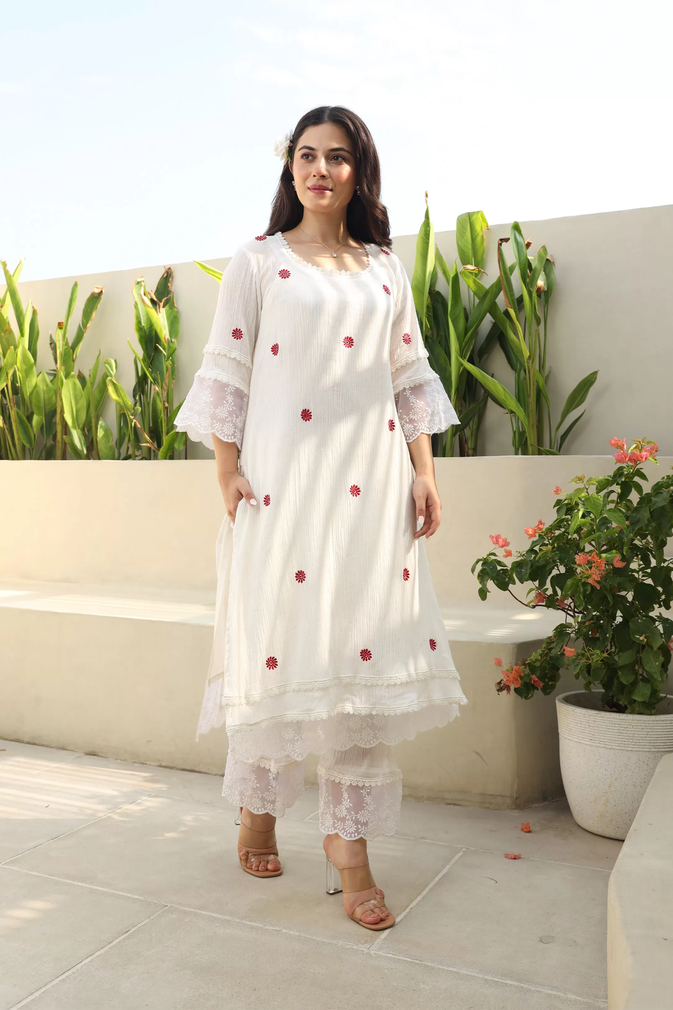 Floral Elegance White Cotton Gauze Kurta Set with Kota Doriya Dupatta