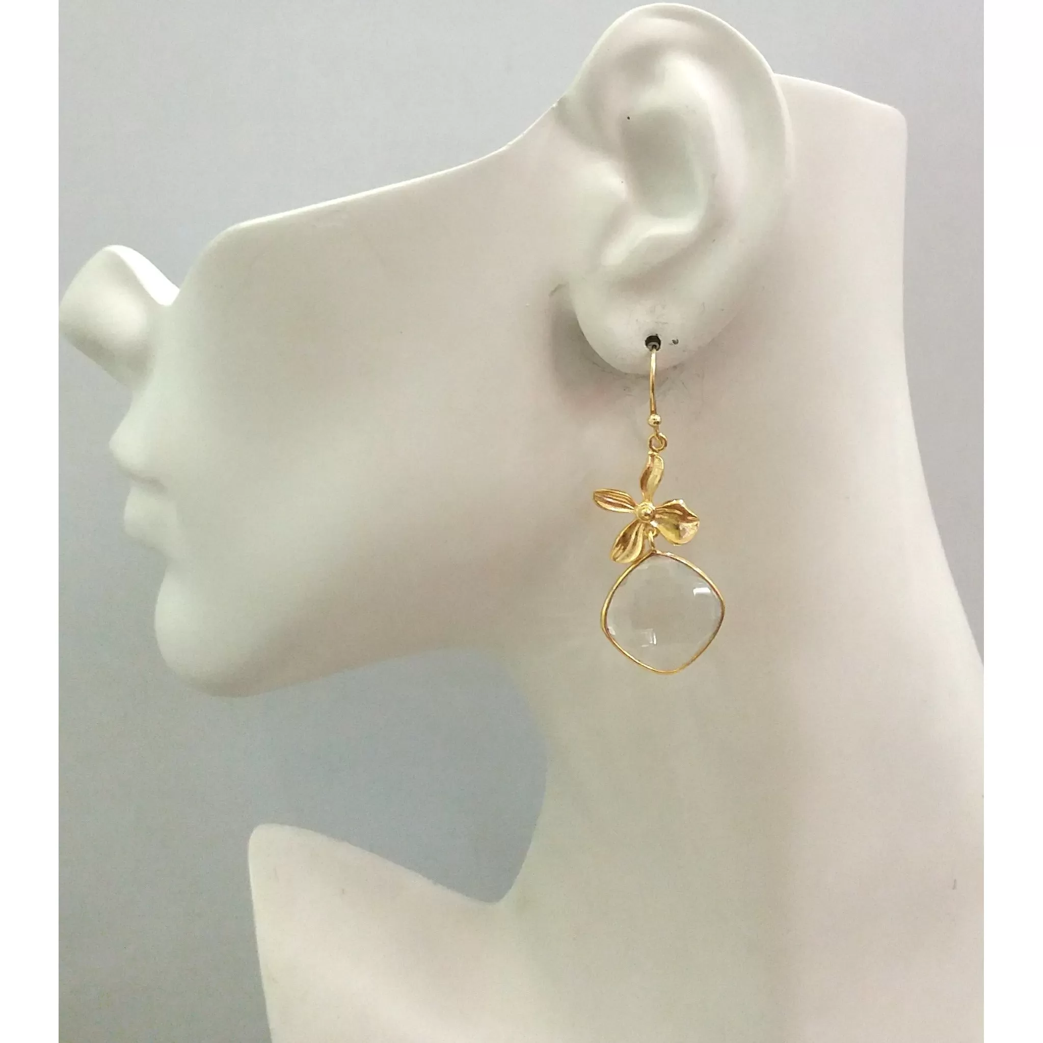 Flower with Clear Quartz Double Drop Earrings