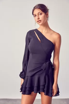 Geneva One Shoulder Chiffon Flare Dress - Black