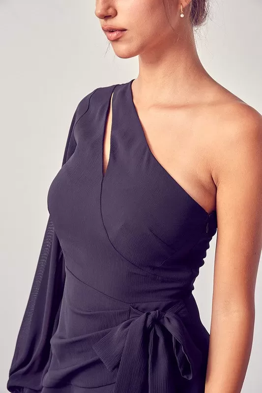 Geneva One Shoulder Chiffon Flare Dress - Black