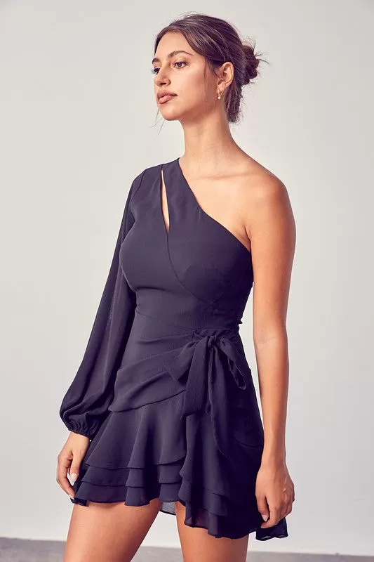 Geneva One Shoulder Chiffon Flare Dress - Black