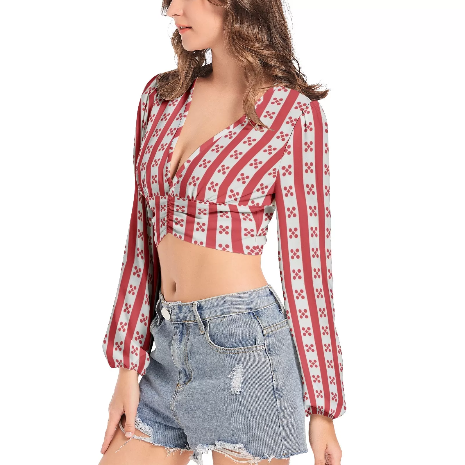 Gingham Striped Women's Deep V-Neck Lantern Sleeve Crop Top