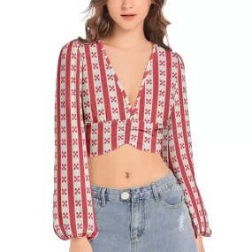 Gingham Striped Women's Deep V-Neck Lantern Sleeve Crop Top