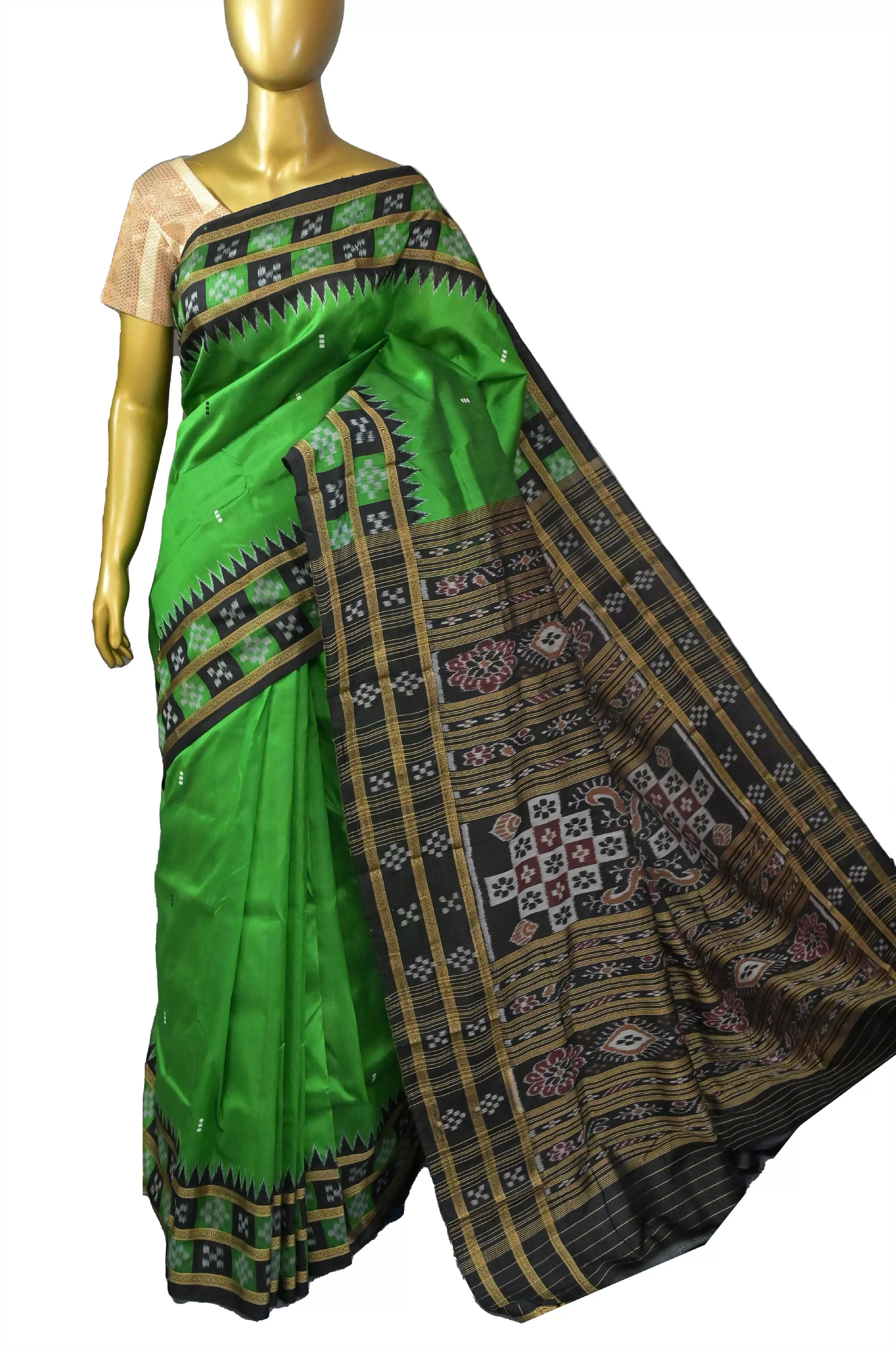 Green and Black Color Sambalpuri Saree with Double Pasapalli Border