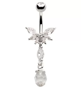 Half Flower Clear CZ Dangle Faceted Charm Stainless Steel Belly Button Ring