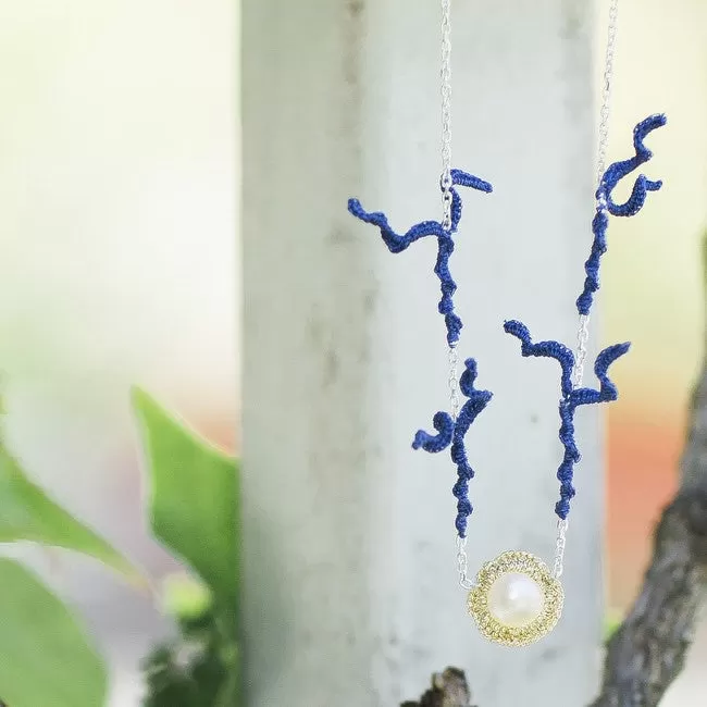 Hand Crocheted Navy Coral with Pearl Necklace - Silver