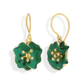 Handmade Gold Plated Silver Green Begonia Flower Dangle Earrings