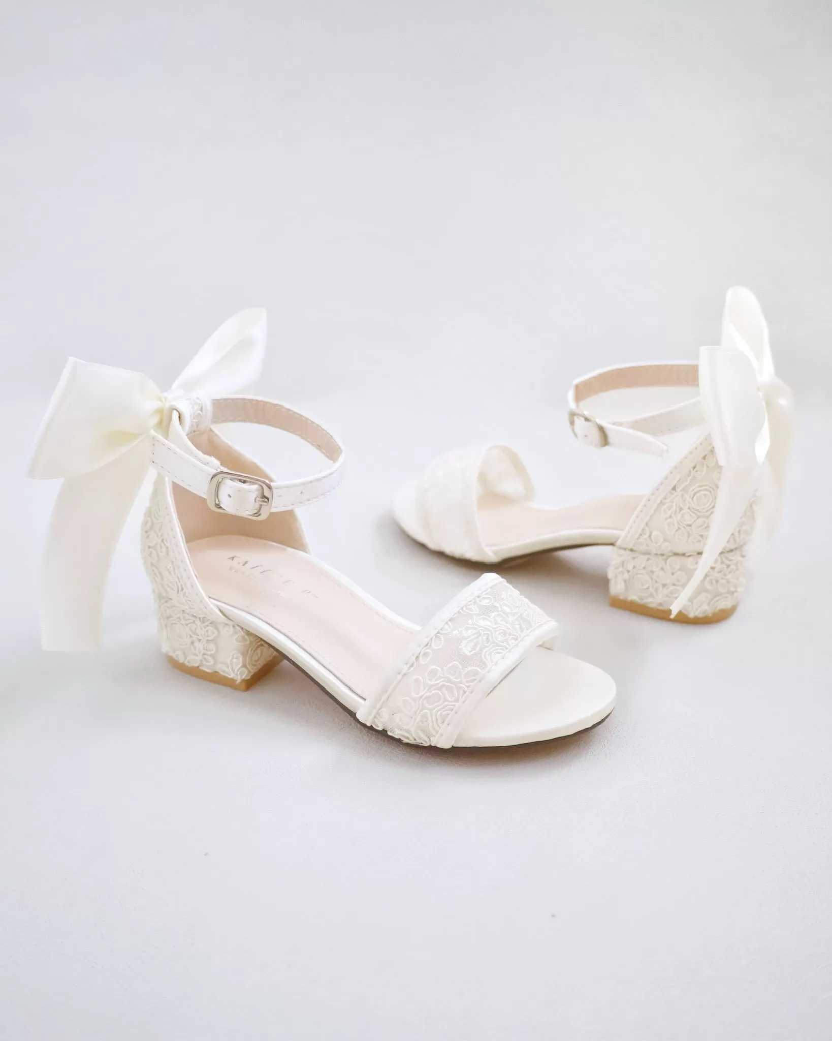 Ivory Crochet Lace Low Block Heel Girls Sandals with Back Satin Bow