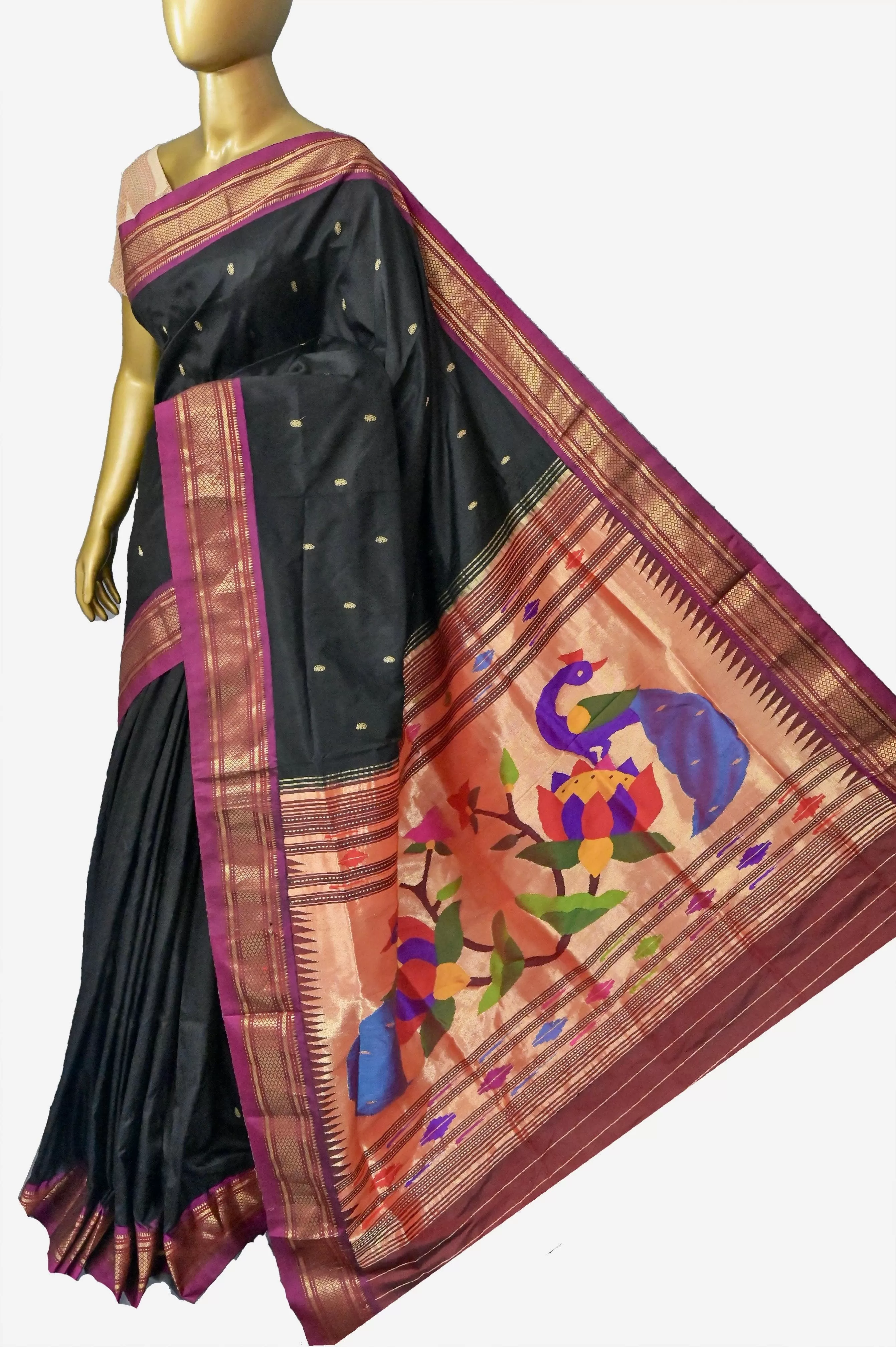 Jet Black Color Yeola Paithani Silk Saree