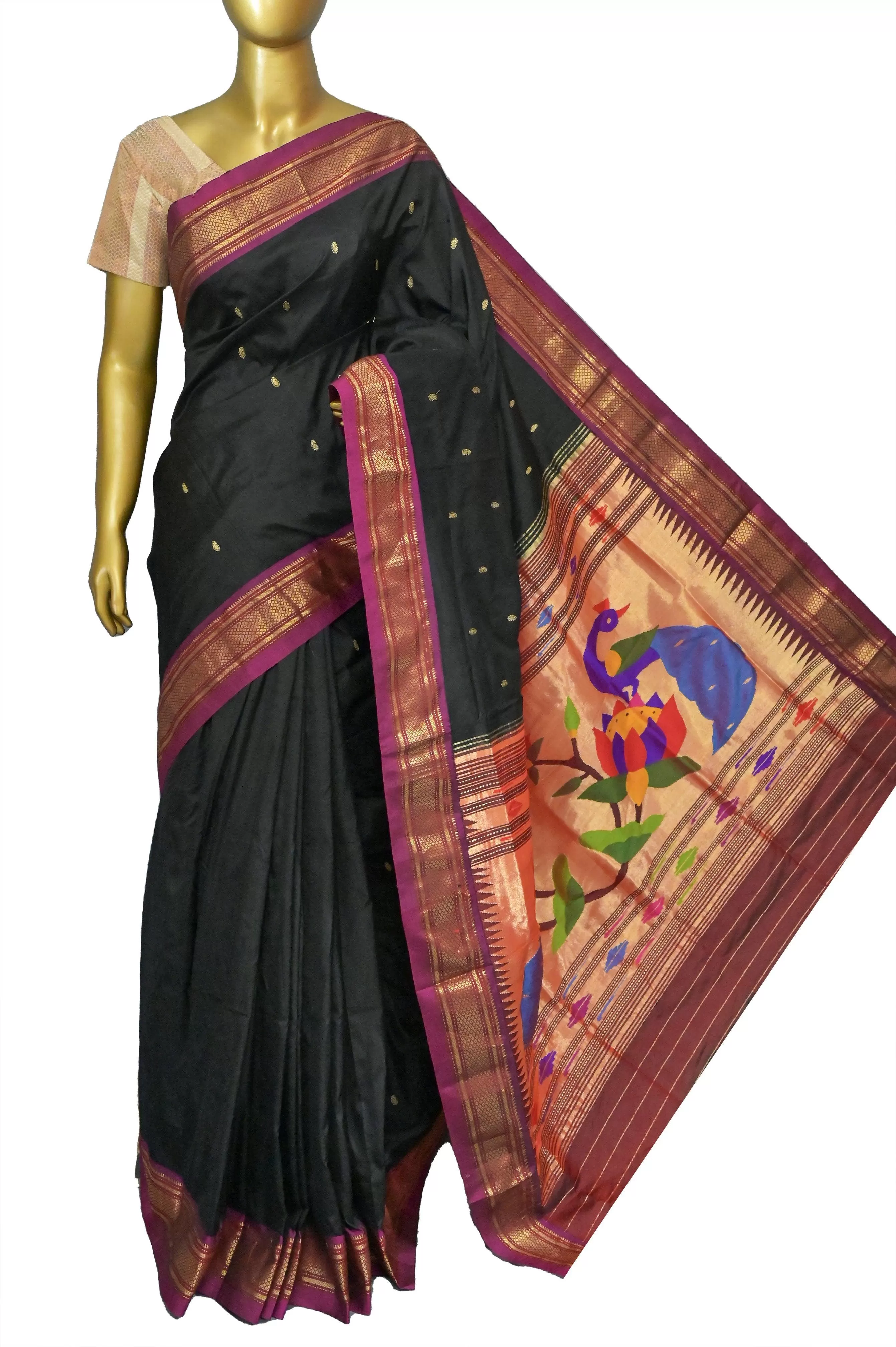 Jet Black Color Yeola Paithani Silk Saree