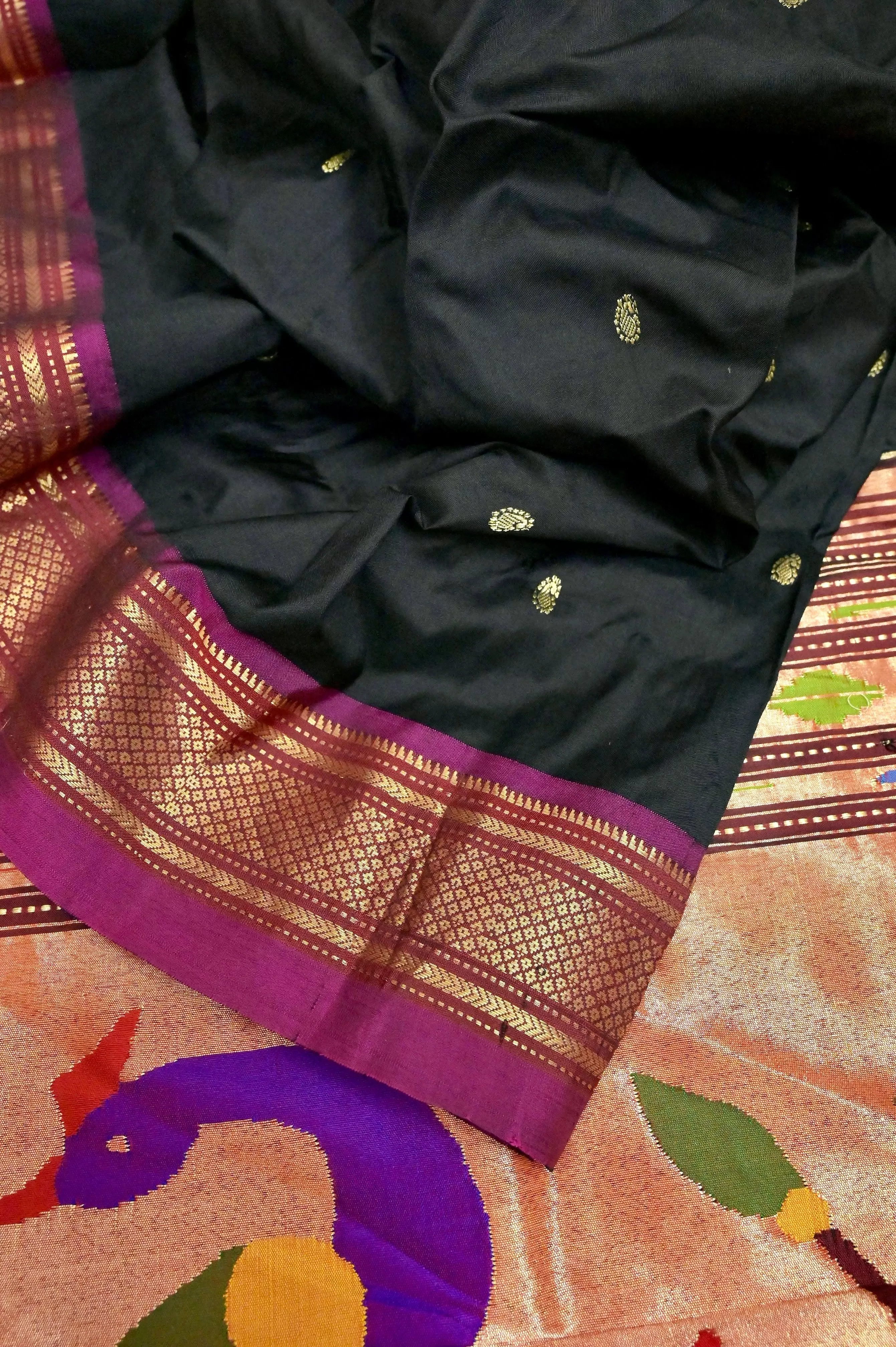 Jet Black Color Yeola Paithani Silk Saree