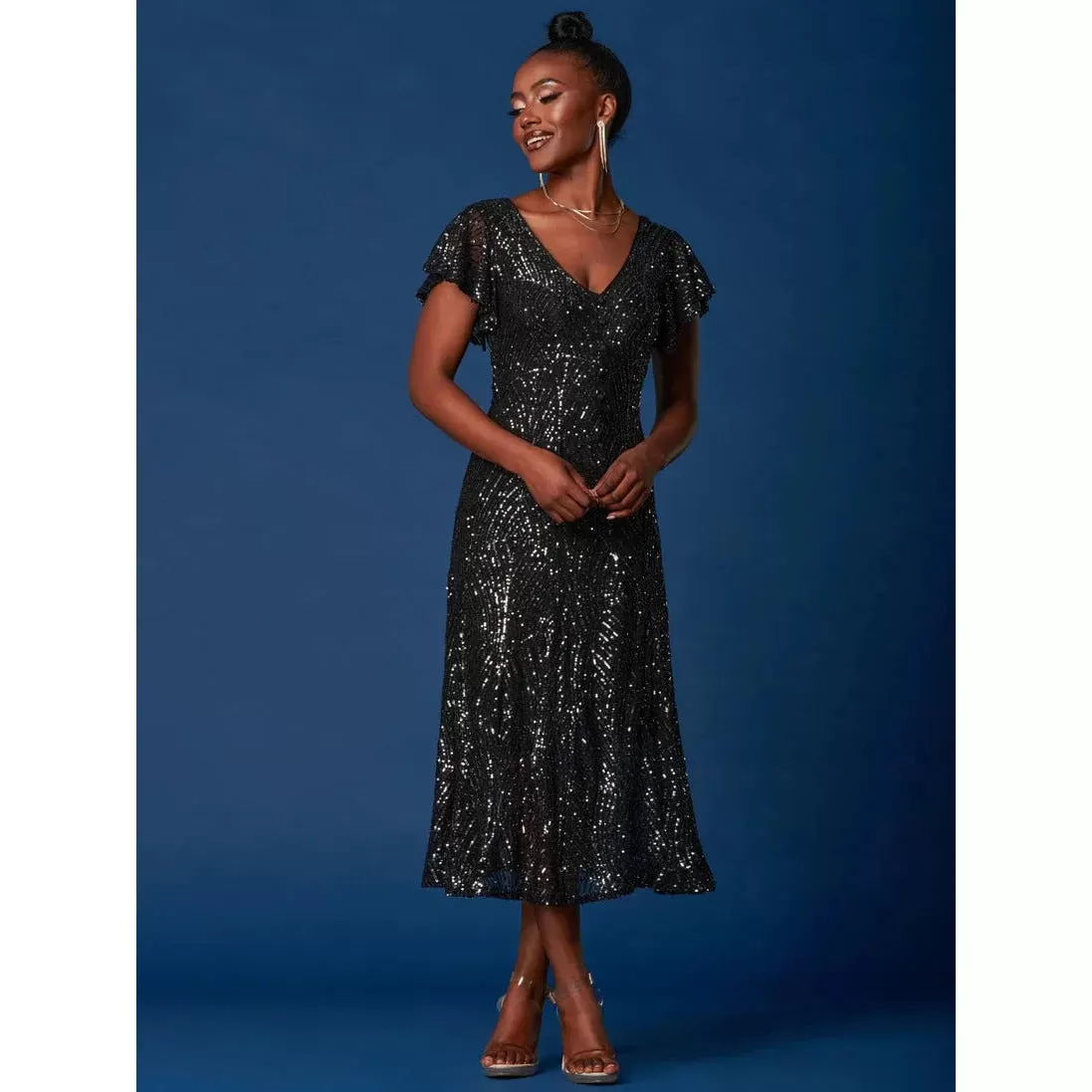 Jolie Moi Black Sequin Fit & Flare Angel Wing Sleeve Dress