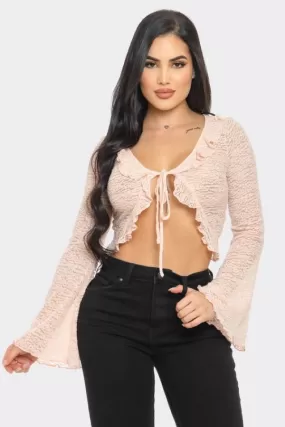 Jr Tie Top - Open Front Long Sleeve - Pink