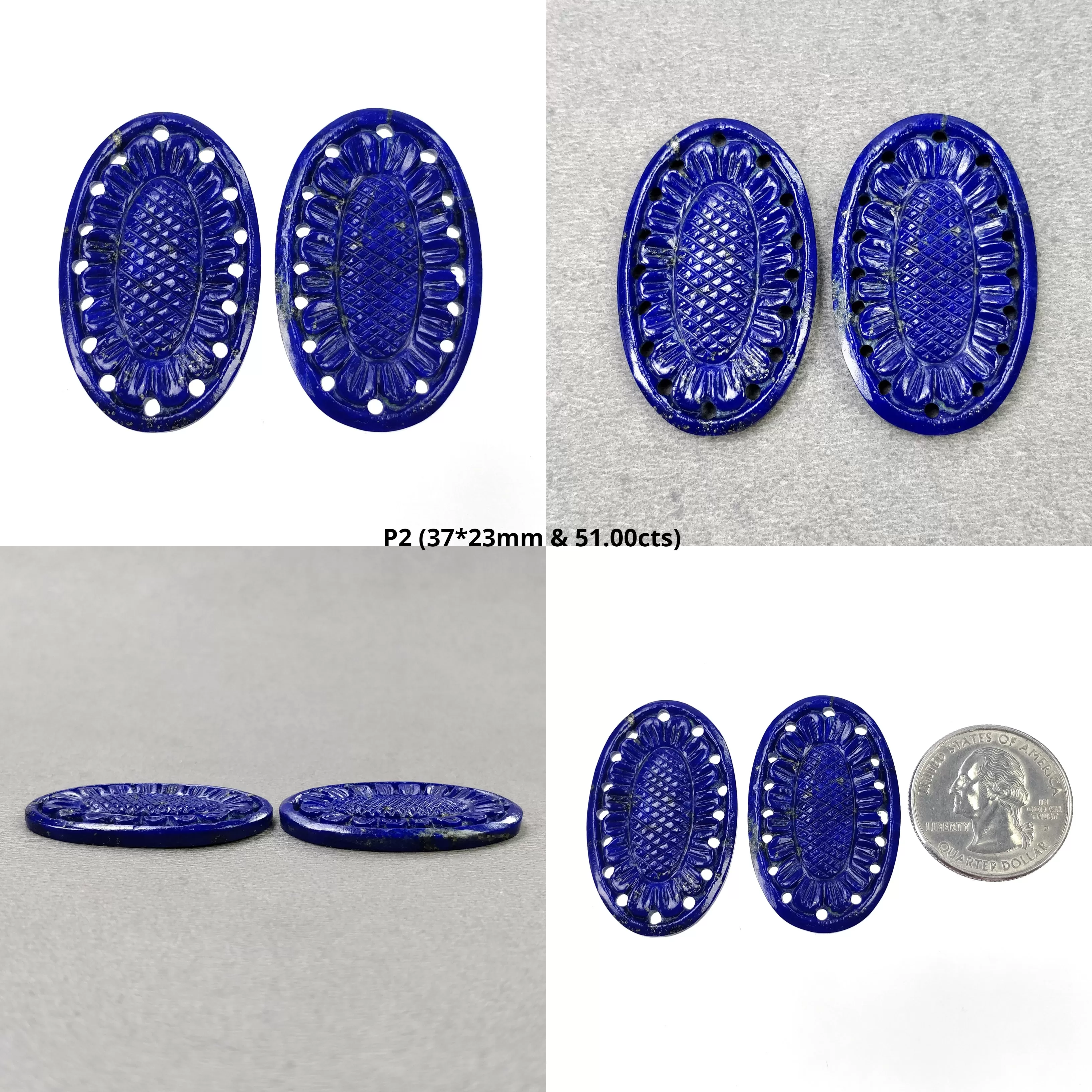 LAPIS LAZULI Gemstone Carving : Natural Untreated Blue Lapis Hand Carved Oval Shape 37*23mm - 46.5*26mm Pair